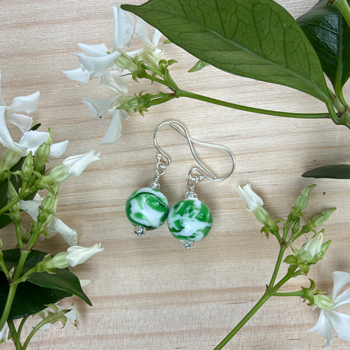 Green and White Lampwork Bead Earrings Sterling Silver
