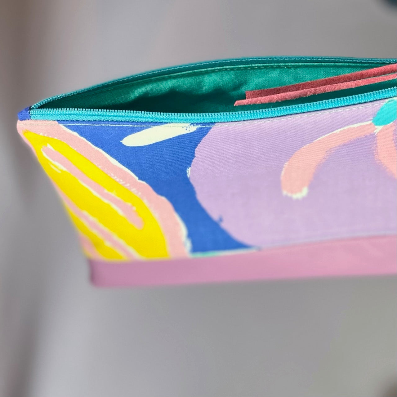 Colourful, repurposed vintage fabric zip POUCH with leather