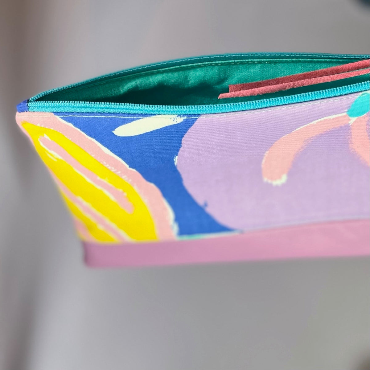 Colourful, repurposed vintage fabric zip POUCH with leather