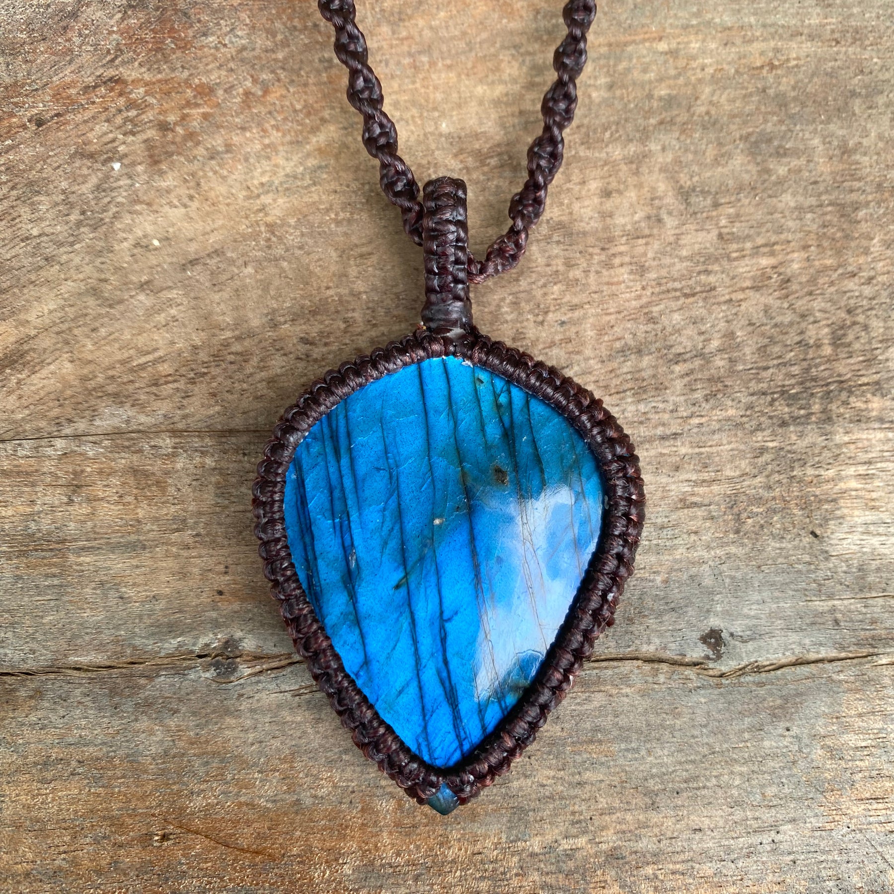 Labradorite Pendant: Blue flash Beaded Macrame, Adjustable Boho Gift