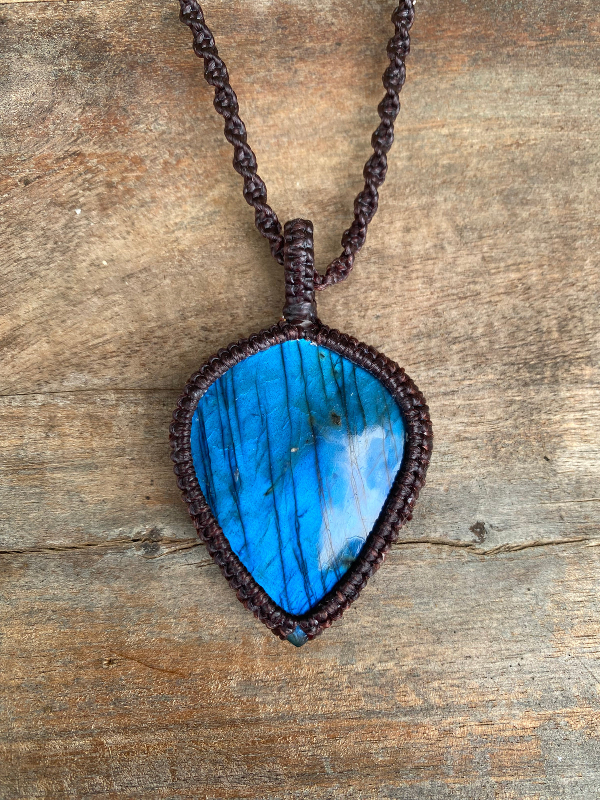 Labradorite Pendant: Blue flash Beaded Macrame, Adjustable Boho Gift