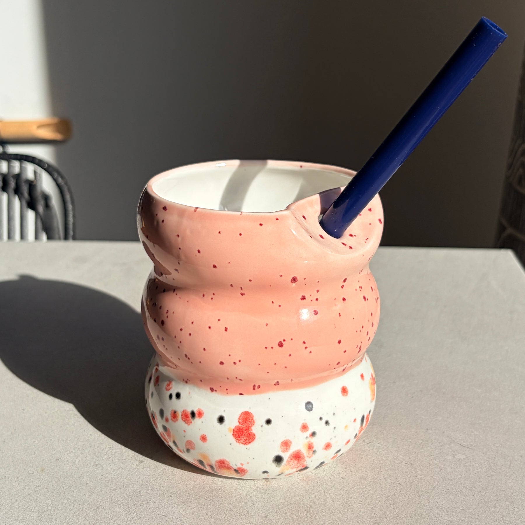 Handcrafted Porcelain Tumbler with Silicon Straw, 600mL Bubble Cup in Strawberry Boba Glaze