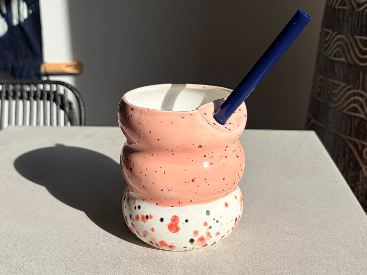 Handcrafted Porcelain Tumbler with Silicon Straw, 600mL Bubble Cup in Strawberry Boba Glaze