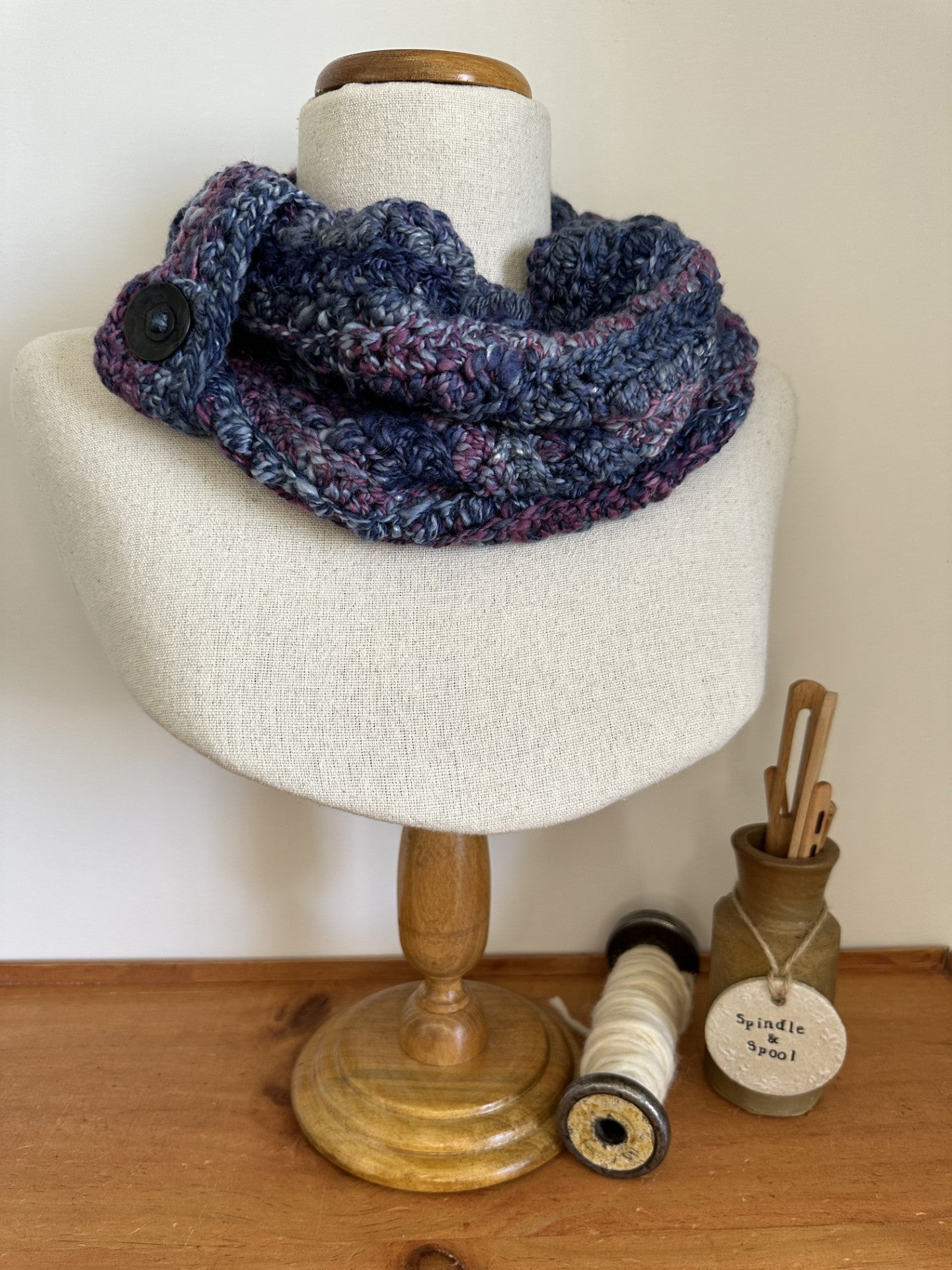 Handspun Merino & Silk Crocheted 'Blueberry' Cowl or Neck Warmer