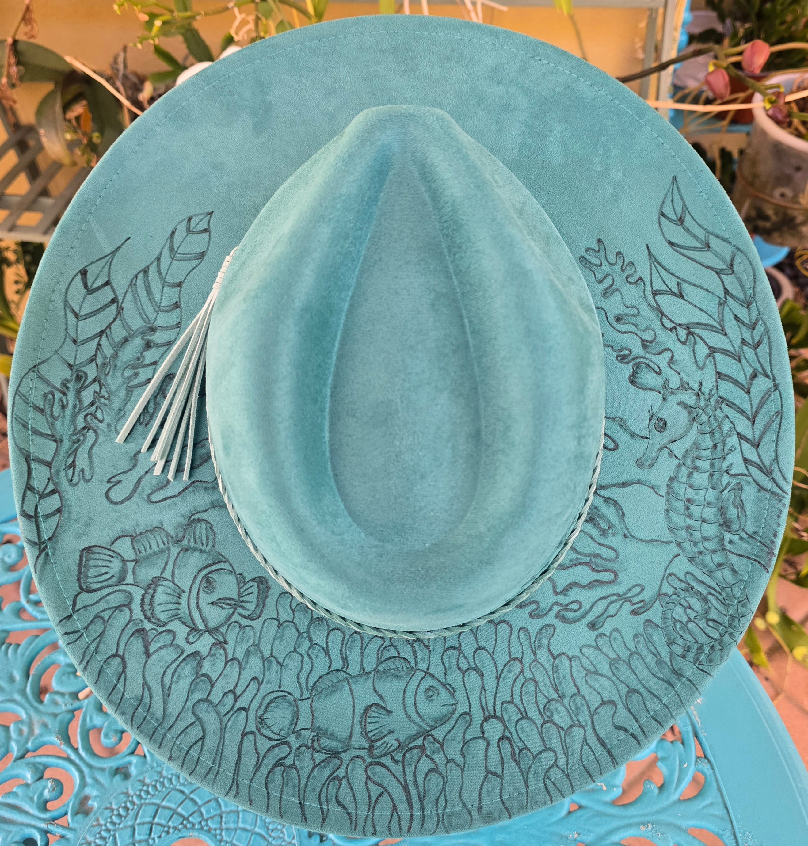 Hand burnt fedora hat - seahorse & clown fish
