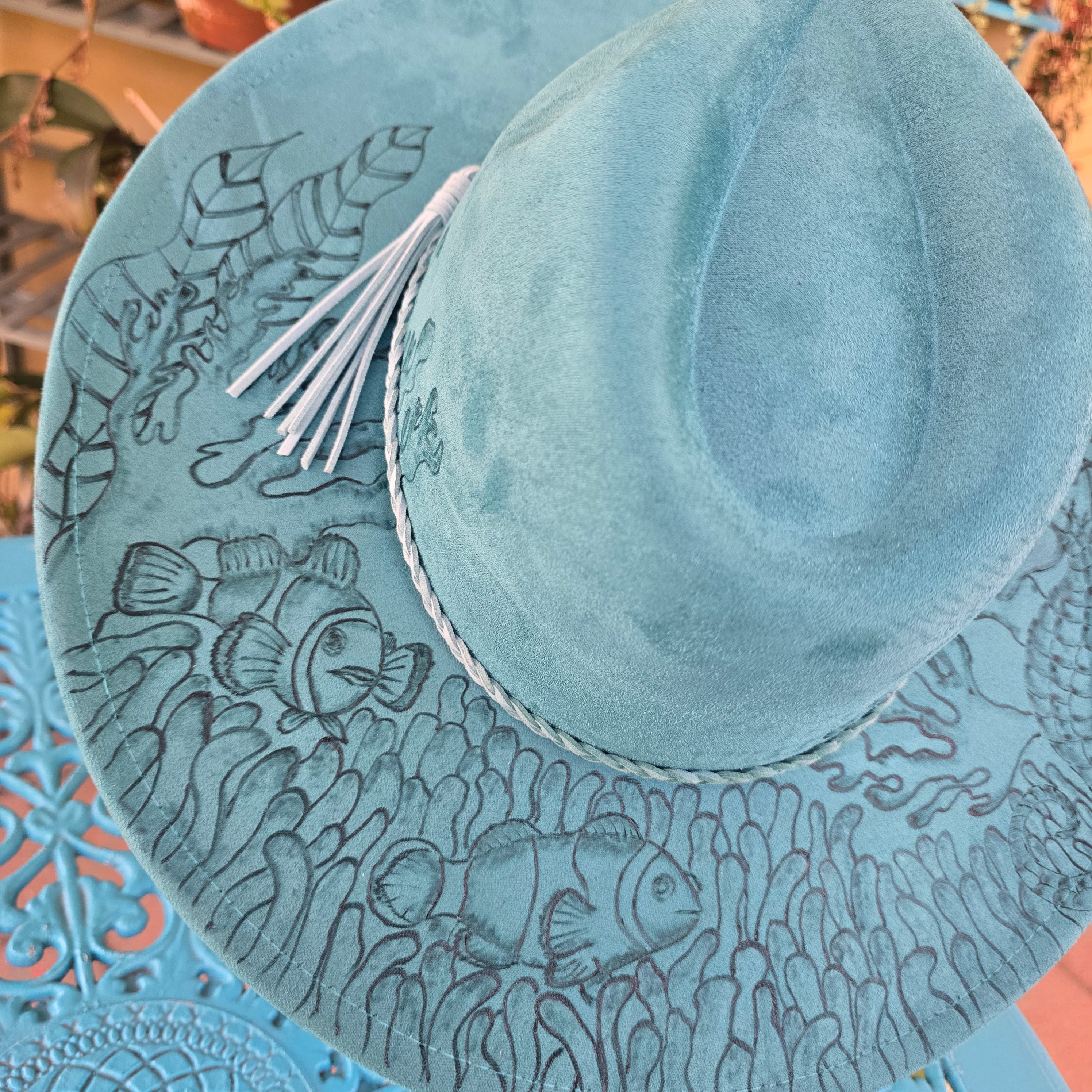 Hand burnt fedora hat - seahorse & clown fish
