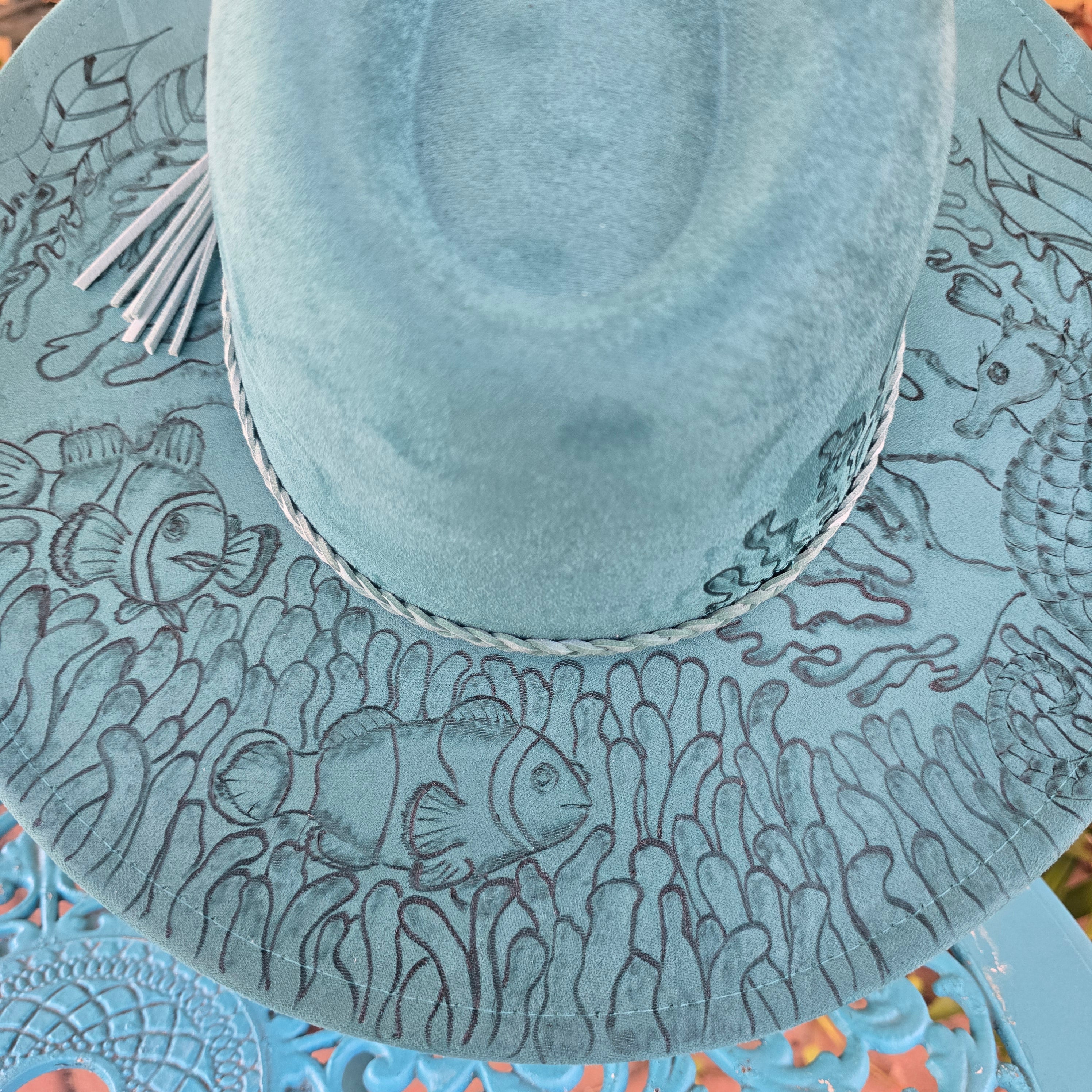 Hand burnt fedora hat - seahorse & clown fish