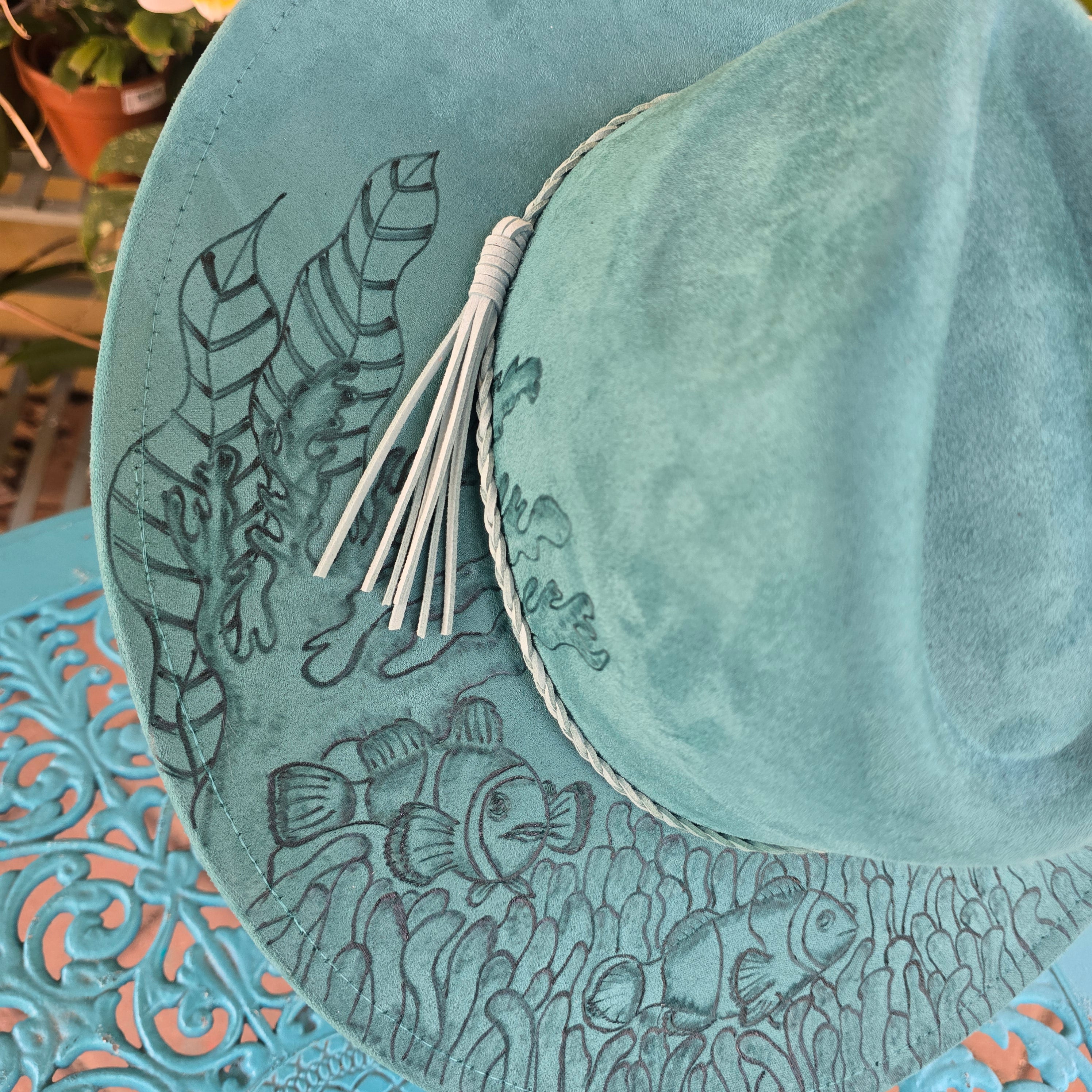 Hand burnt fedora hat - seahorse & clown fish