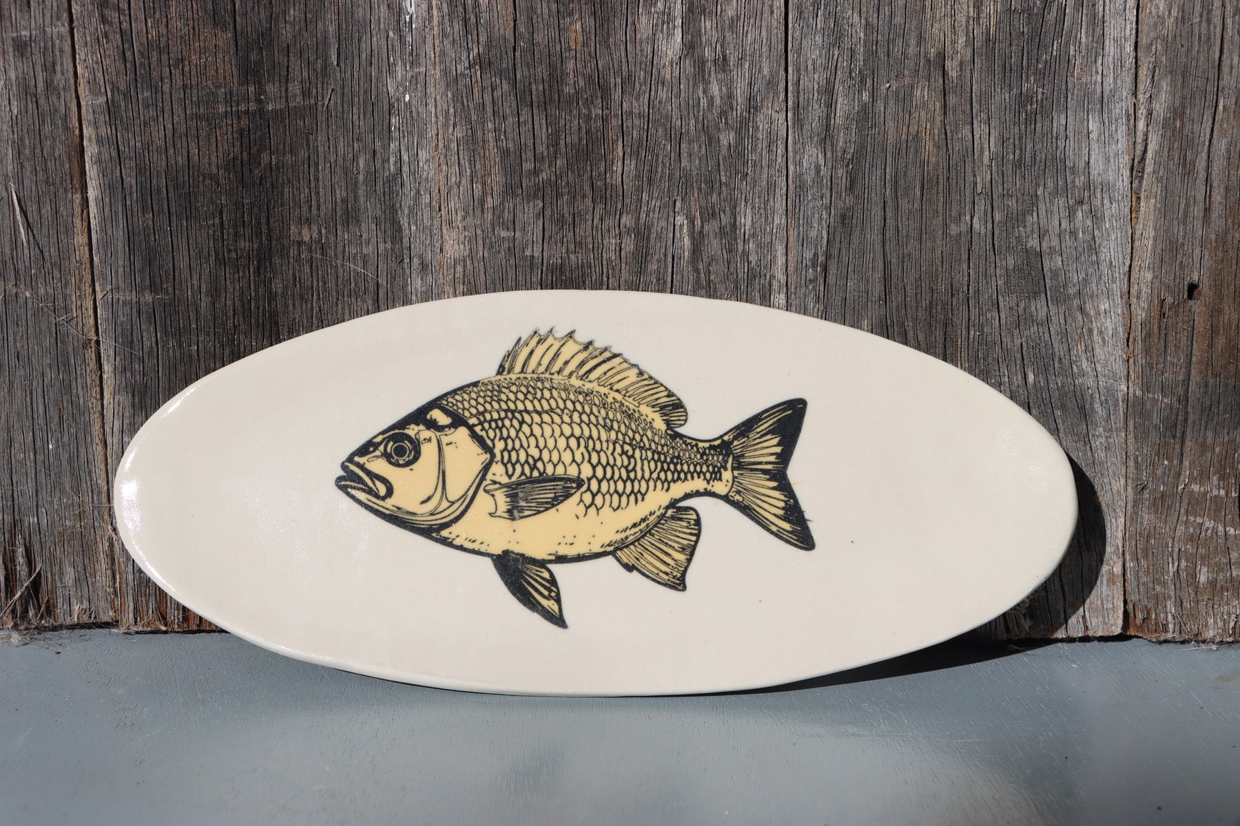 Hand Screen Printed Stoneware Plate:  Fish Design, Yellow and Black, or Black on White, Clear Glaze