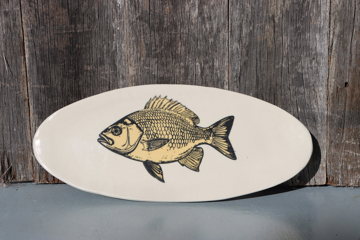 Hand Screen Printed Stoneware Plate:  Fish Design, Yellow and Black, or Black on White, Clear Glaze