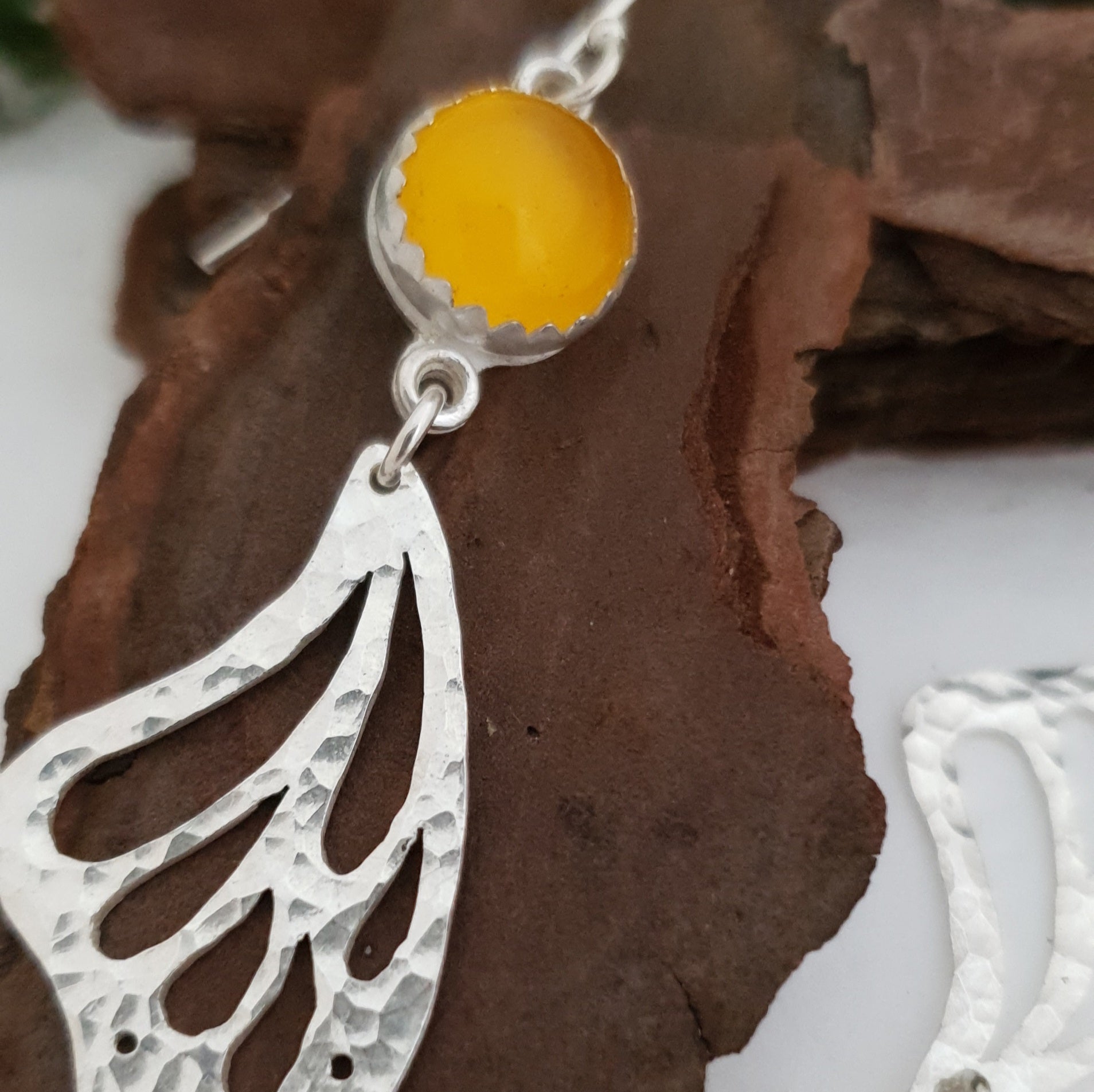 Silver butterfly wings earrings with yellow chalcedony