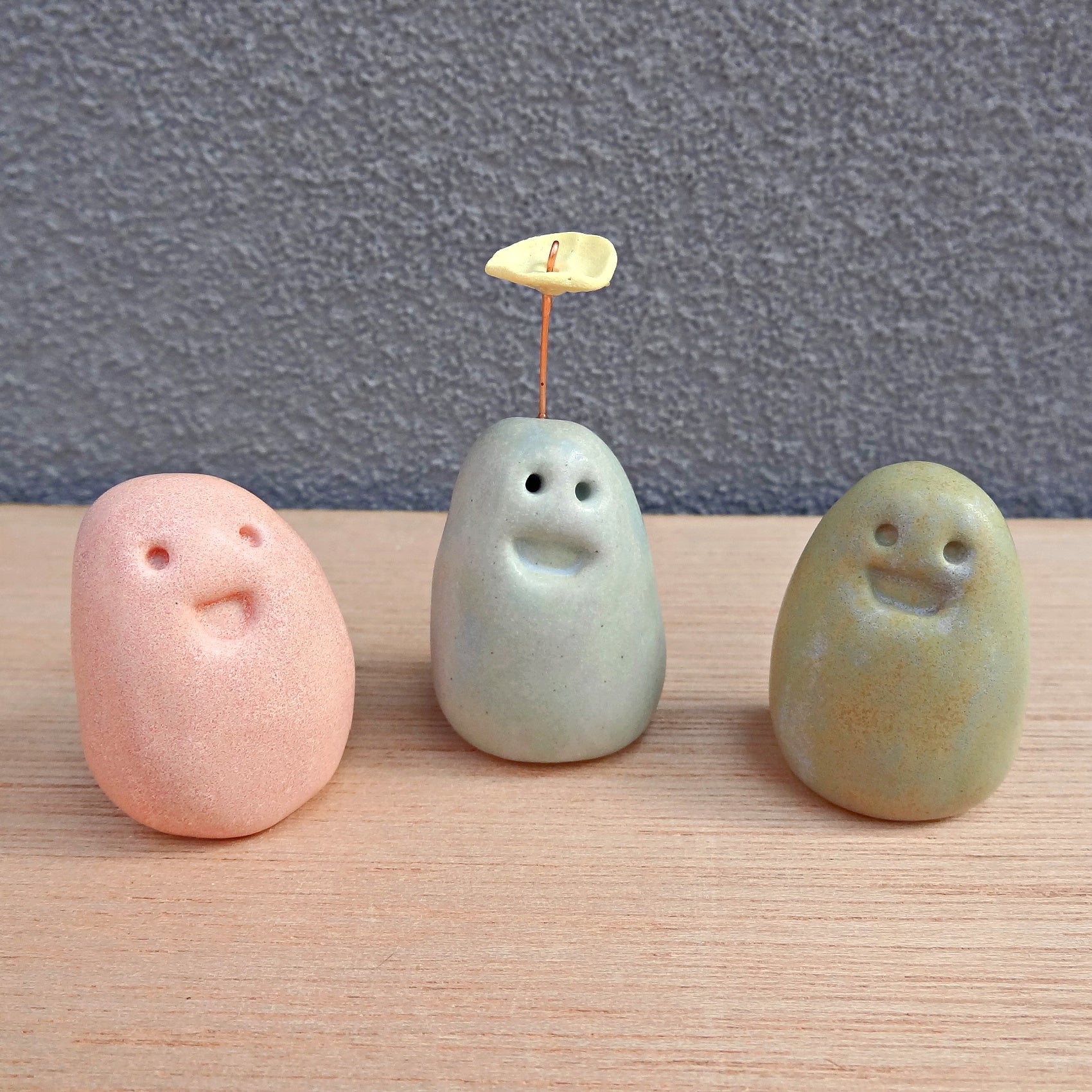 Set of 3 miniature ceramic pebble pets. Collectable tiny ceramic pottery stone friends. Handmade Whimsical Shelf or desk decor