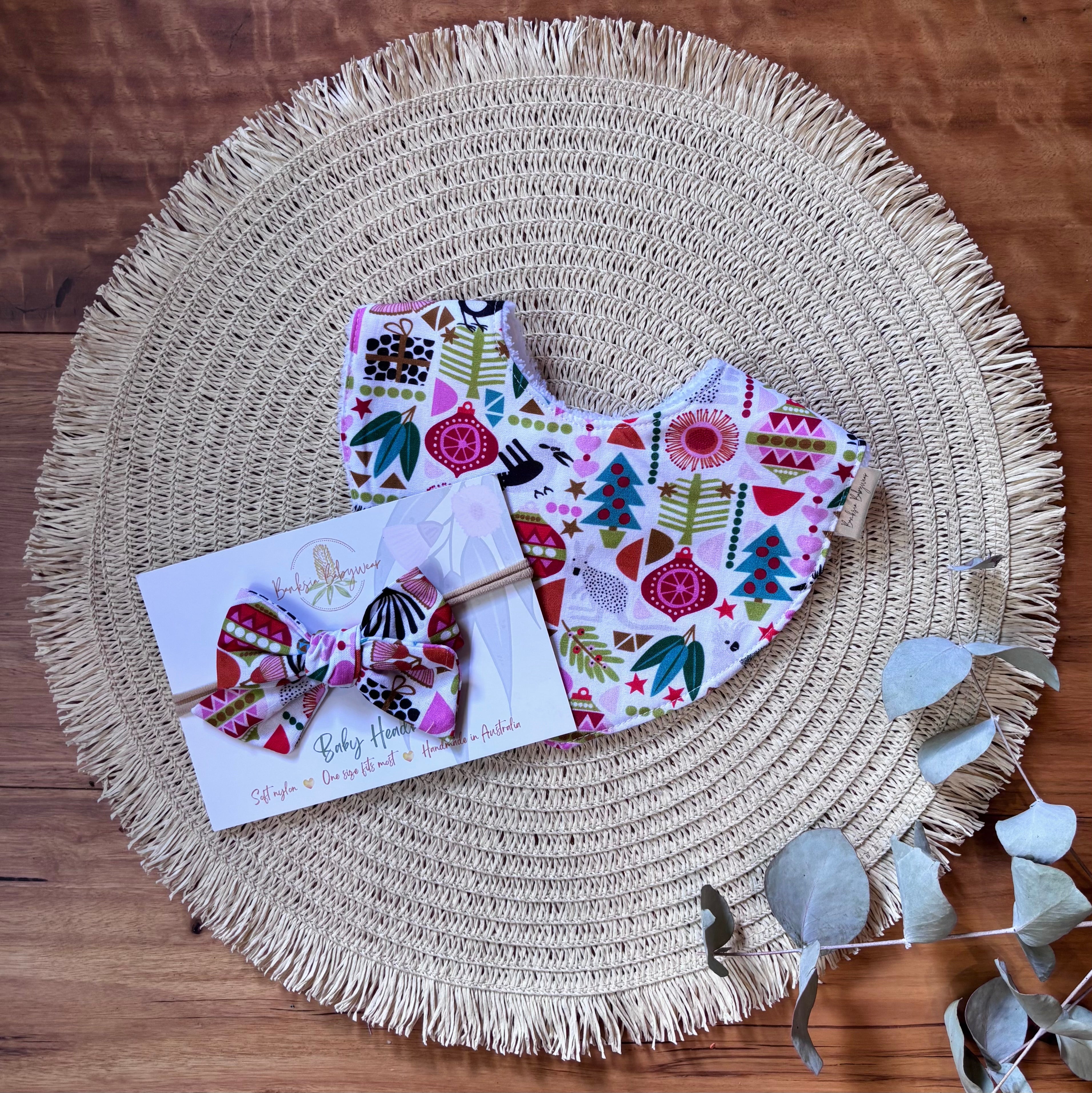 Christmas Baby Bib and Bow Set - White Aussie Animals