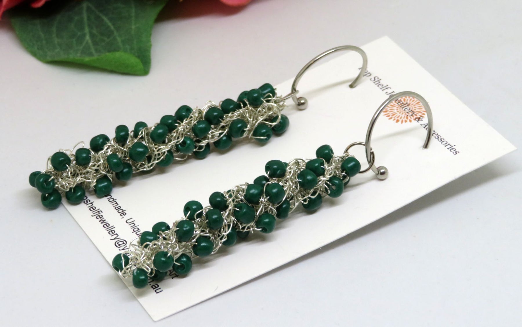 Emerald Green Crochet Wire Beaded Earrings