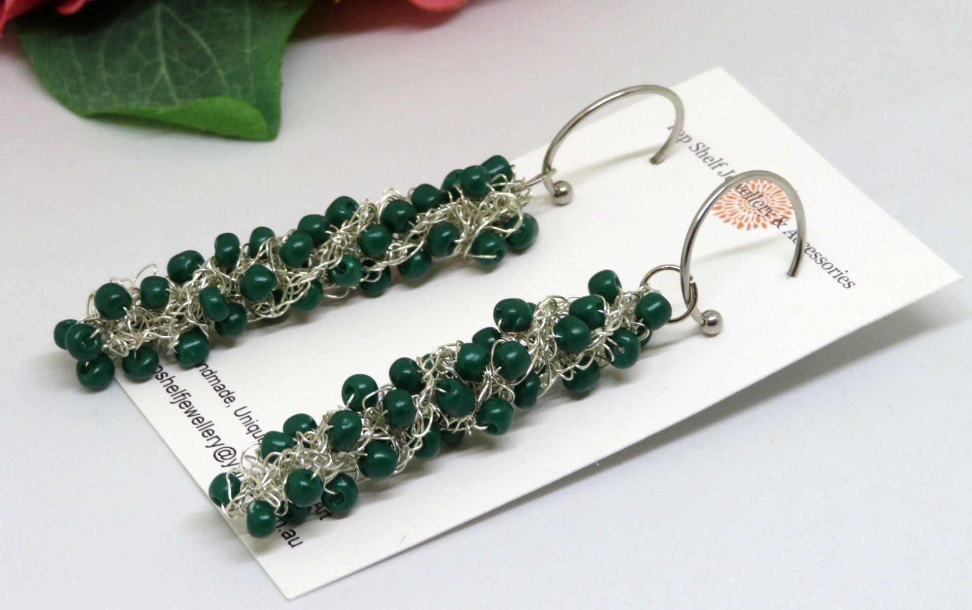 Emerald Green Crochet Wire Beaded Earrings