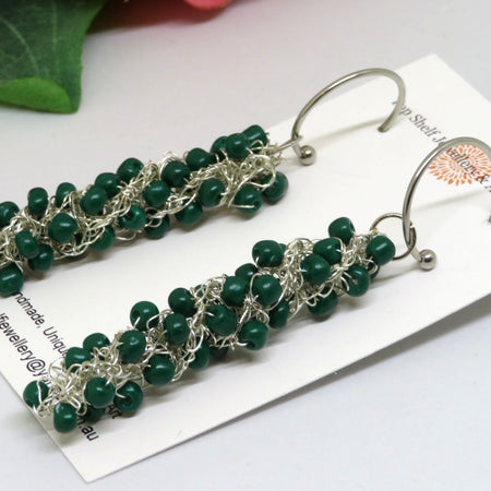 Emerald Green Crochet Wire Beaded Earrings