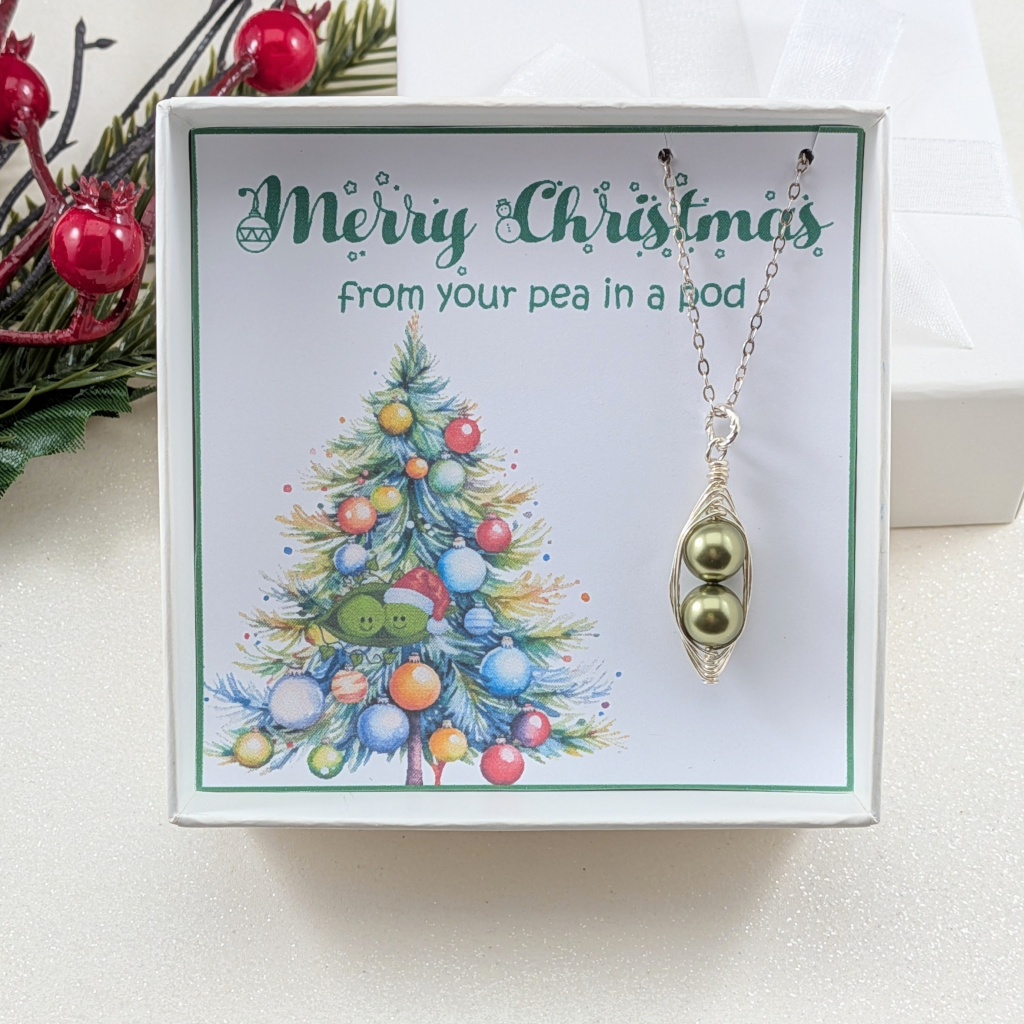 Two Peas in a Pod Christmas Necklace,Handmade Pea Pod Jewellery