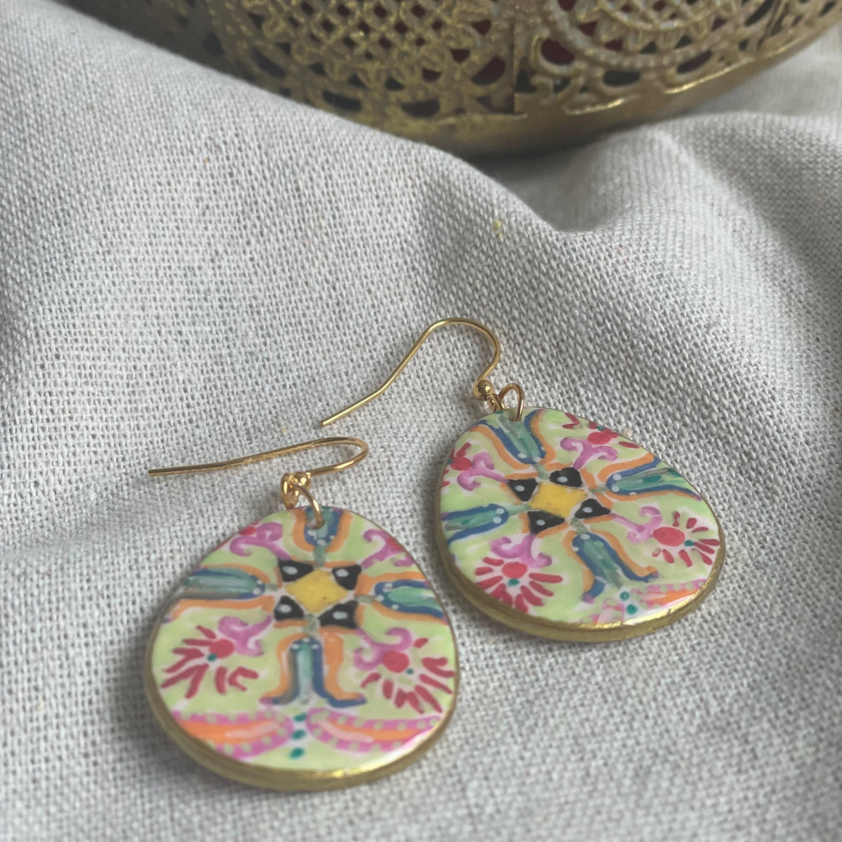 Polymer Clay Dangle Earrings - Folk Art Bloom