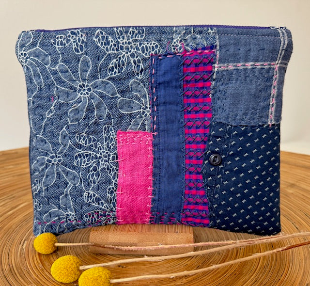 Zipper Pouch - Textile Collage - Blue Flowers