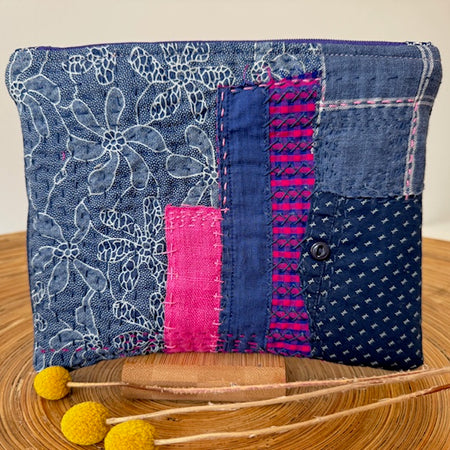 Zipper Pouch - Textile Collage - Blue Flowers