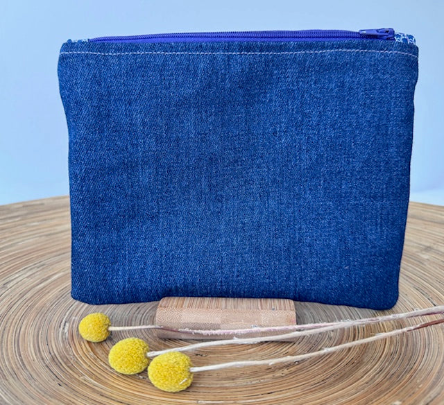 Zipper Pouch - Textile Collage - Blue Flowers