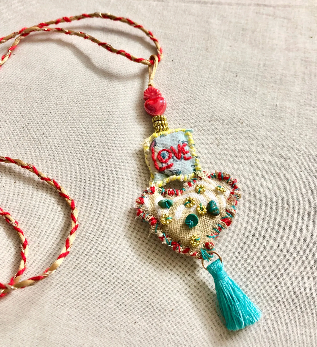 Slow Stitched Textile Necklace - LOVE