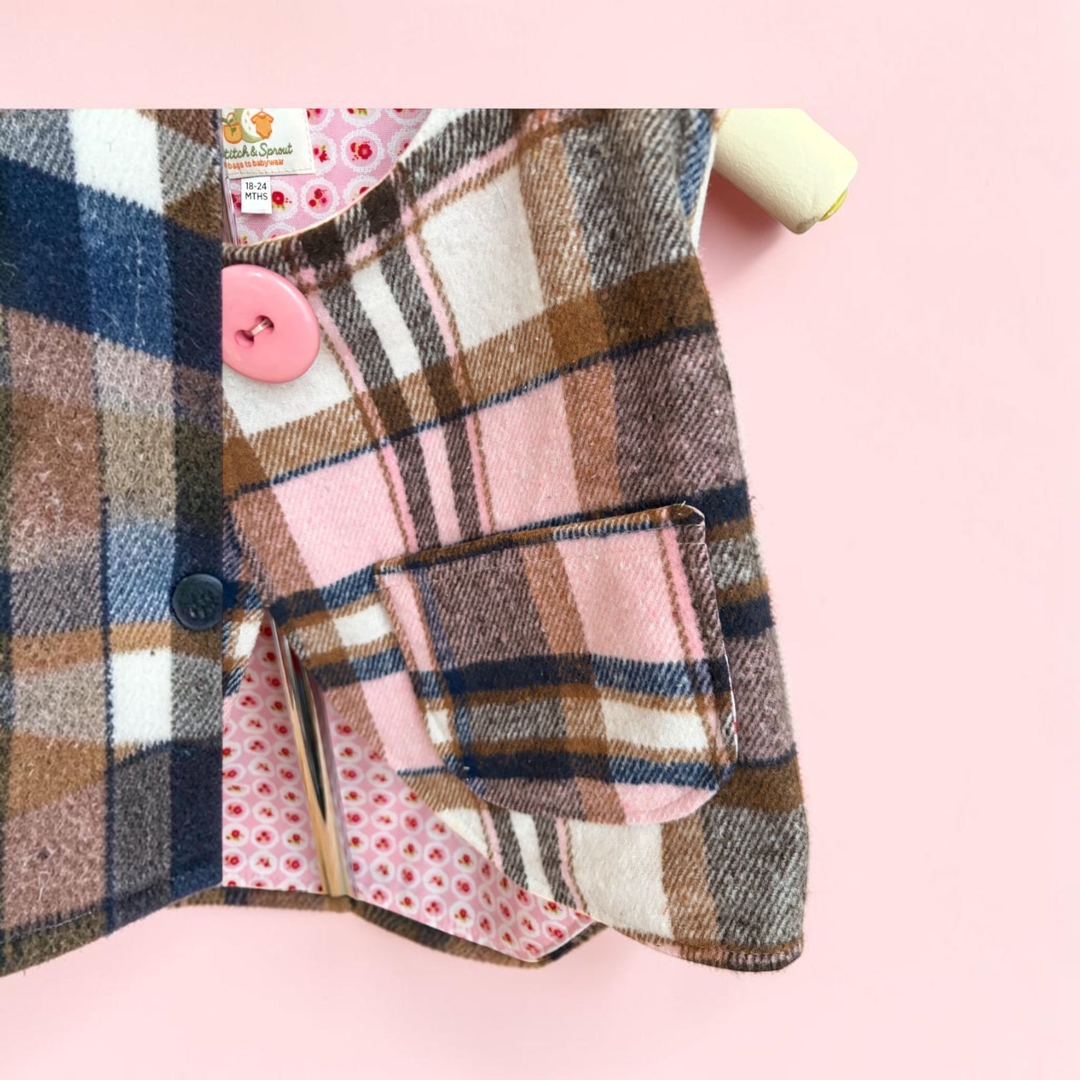 Handmade Pink Plaid Cotton Flannelette Vest | Fully Lined Children’s Winter Vest Size 2