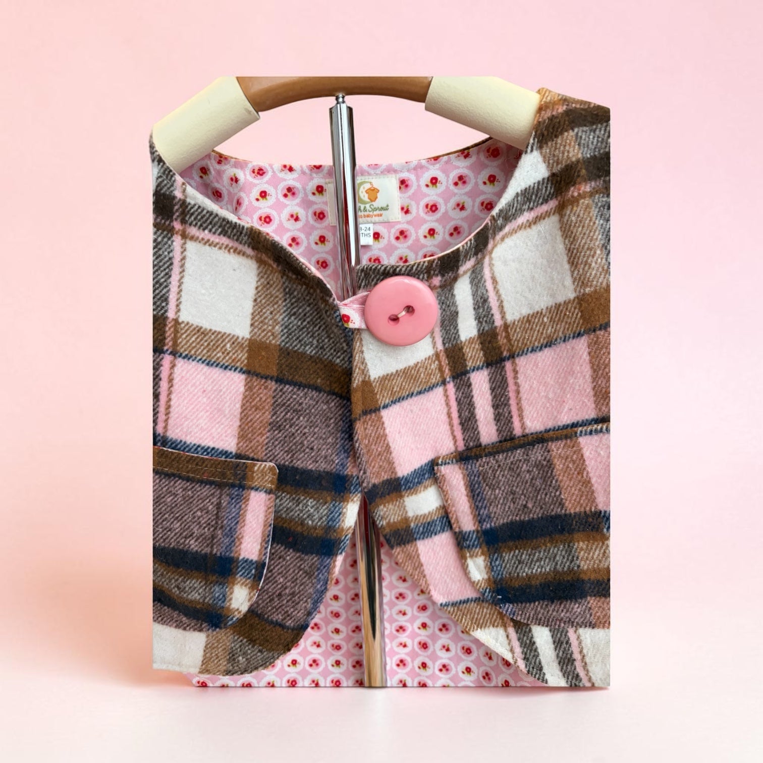 Handmade Pink Plaid Cotton Flannelette Vest | Fully Lined Children’s Winter Vest Size 2