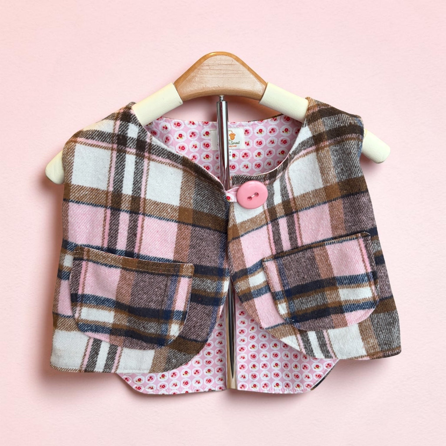 Handmade Pink Plaid Cotton Flannelette Vest | Fully Lined Children’s Winter Vest Size 2