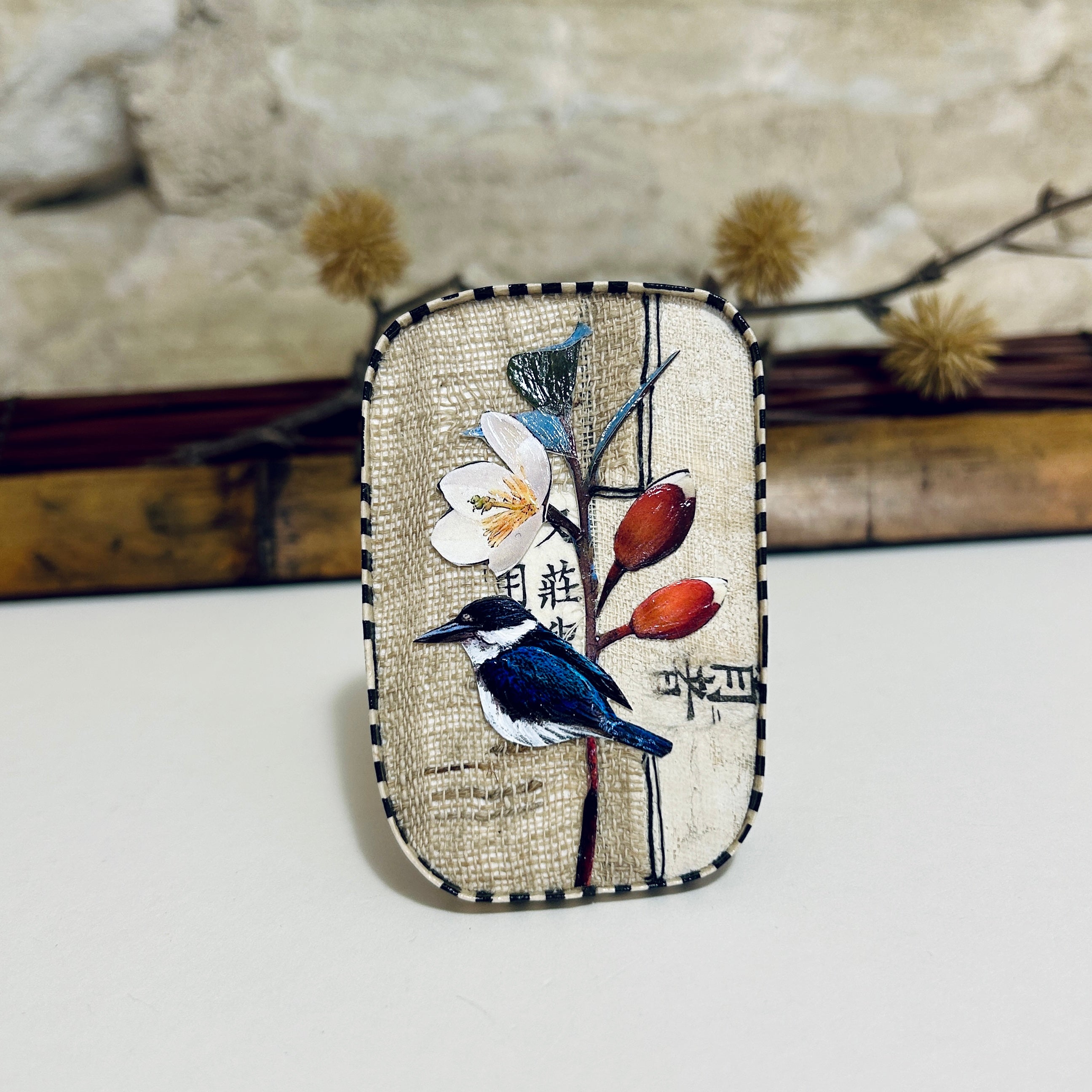 Miniature Kingfisher Art Pendant Necklace Brooch-5.5cm x 8.5cm