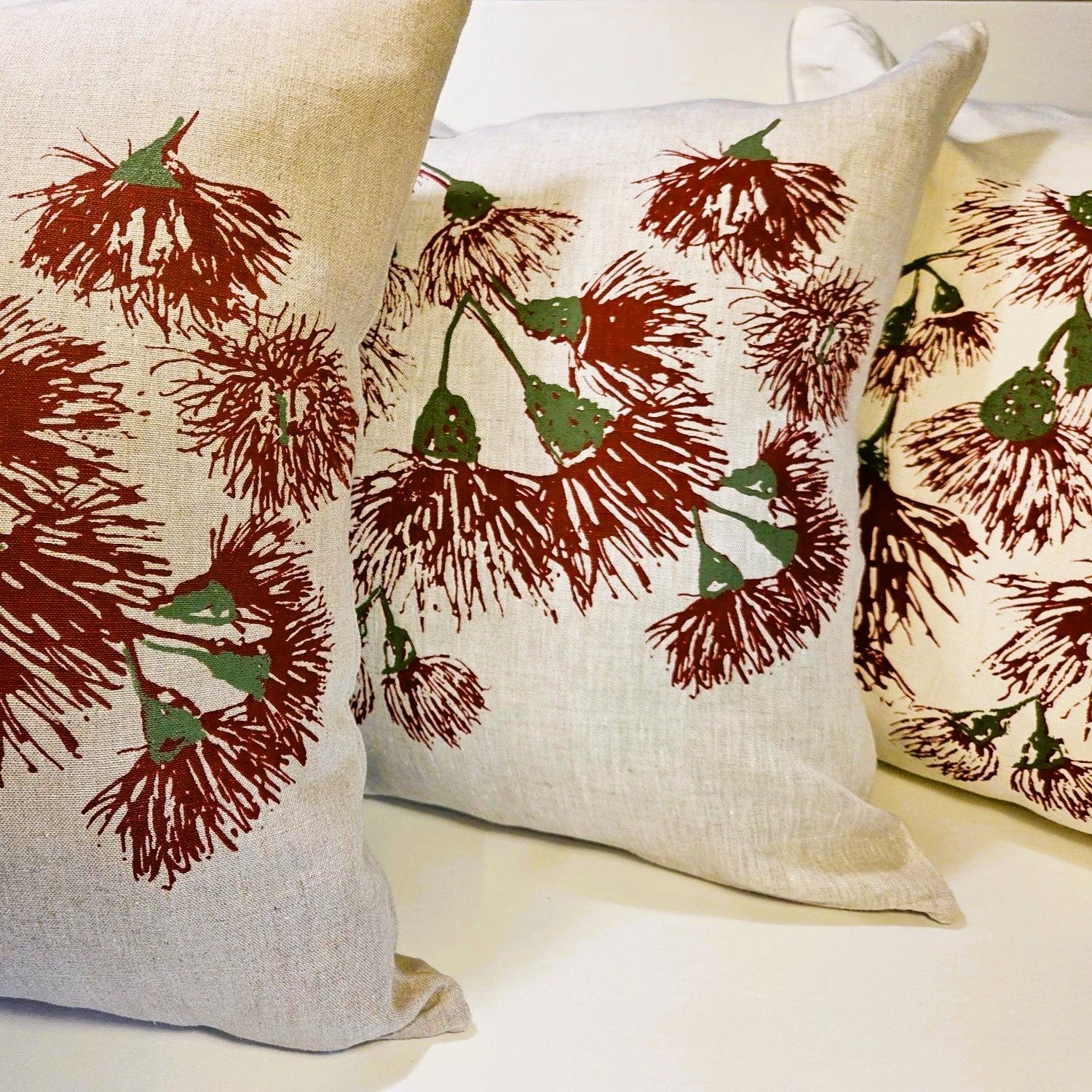 Hand Screen Printed Linen Cushion Covers-Eucalypt Blossoms Festive