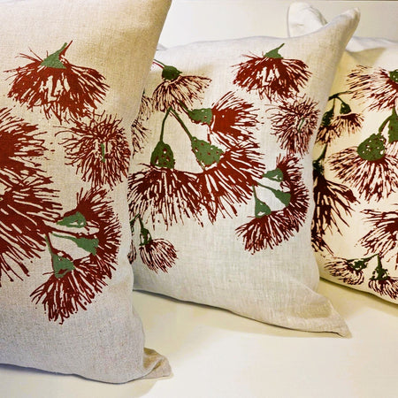 Hand Screen Printed Linen Cushion Covers-Eucalypt Blossoms Festive