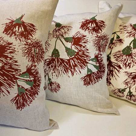 Hand Screen Printed Linen cushion covers-Eucalypt Festive Blossoms
