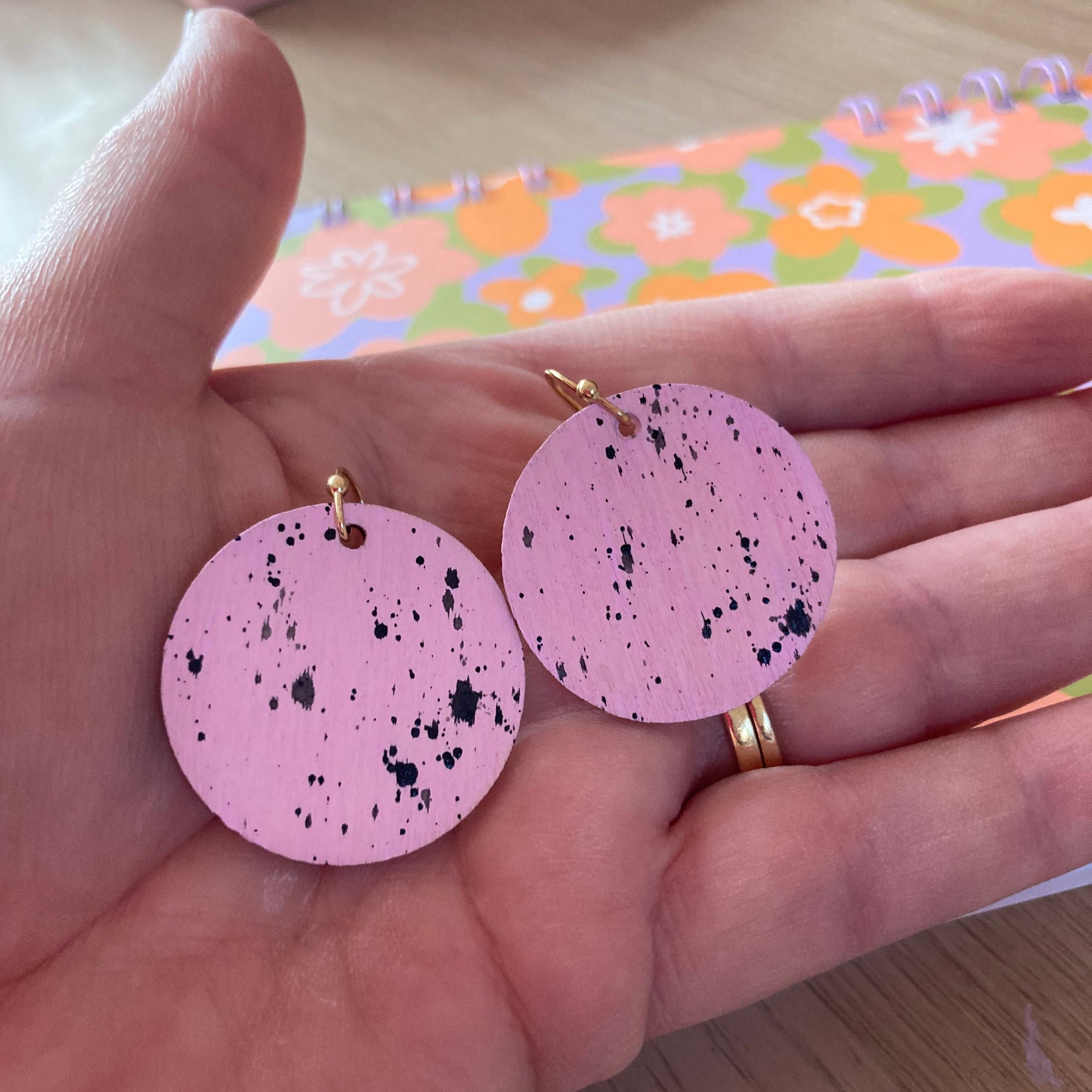 Handpainted pastel pink / black splatter earrings