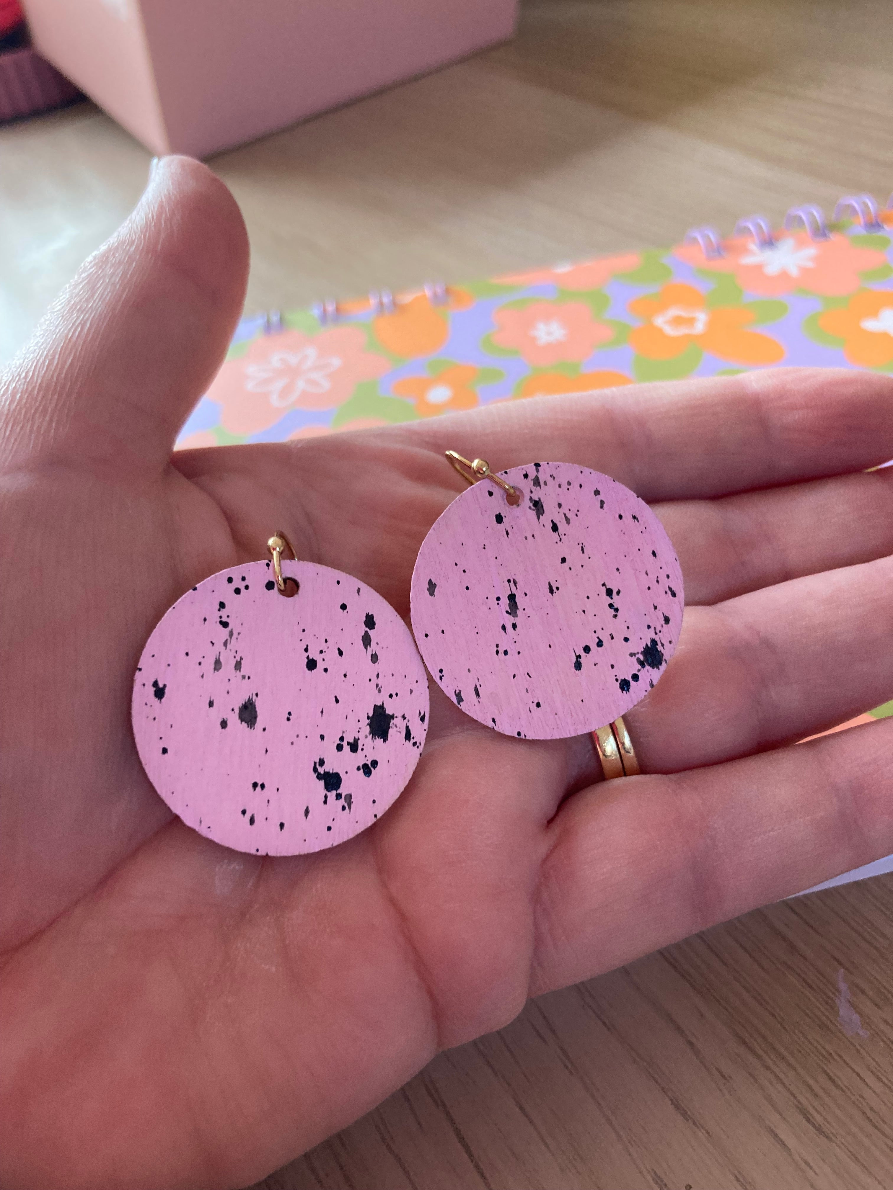 Handpainted pastel pink / black splatter earrings