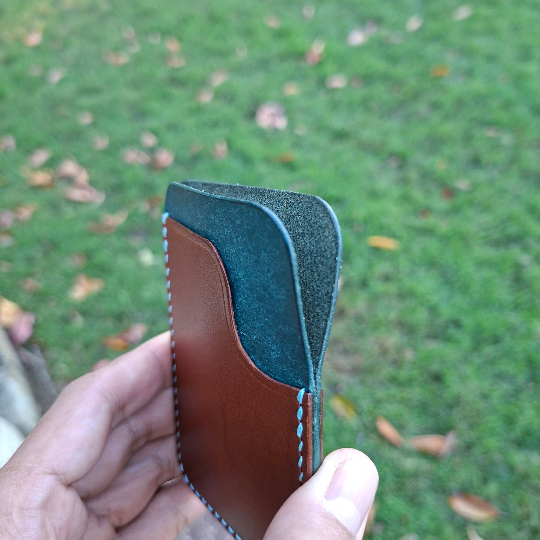 Three-Pocket Cardholder - Brown/Turquoise with Aqua Blue Thread