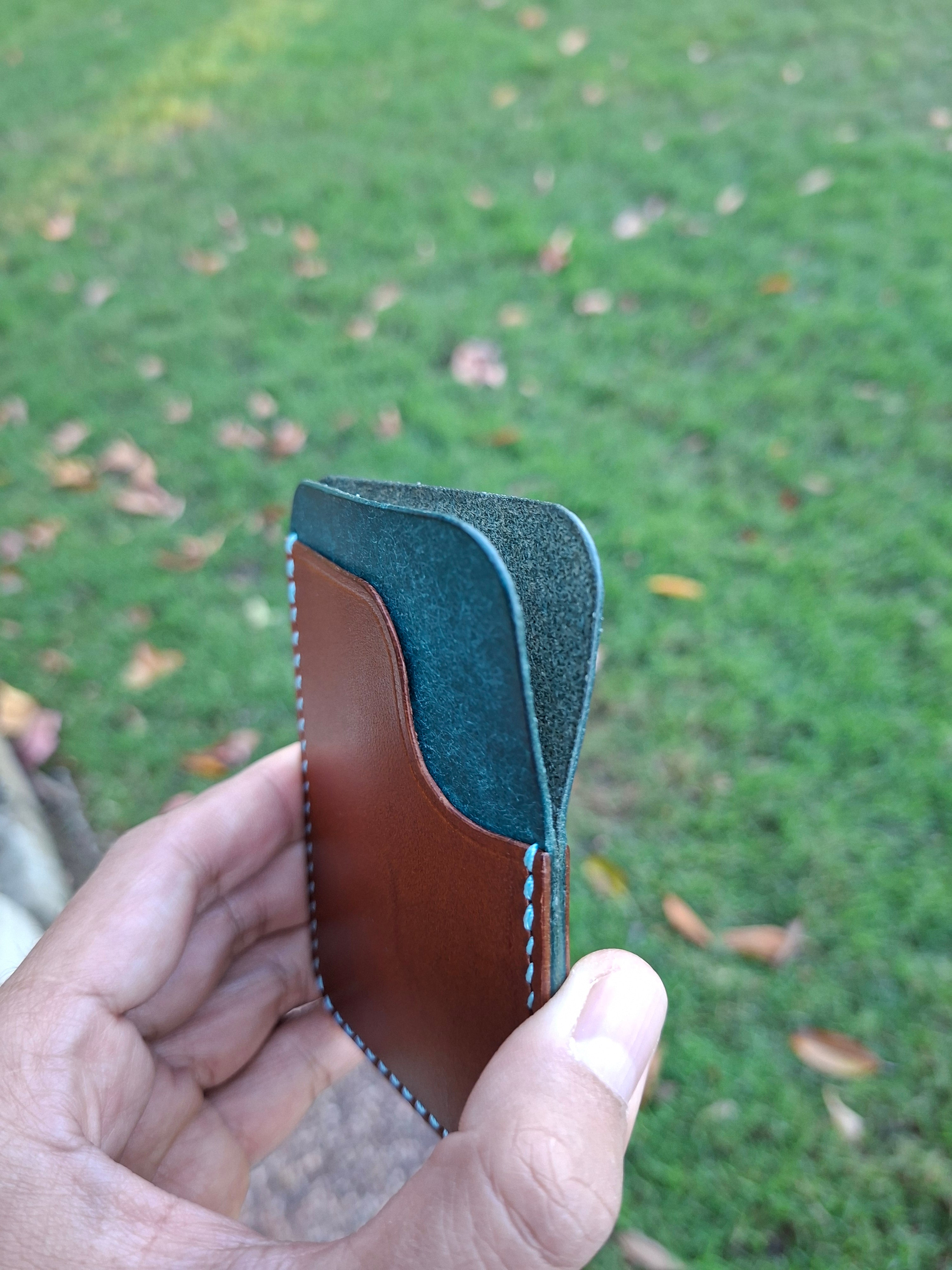 Three-Pocket Cardholder - Brown/Turquoise with Aqua Blue Thread