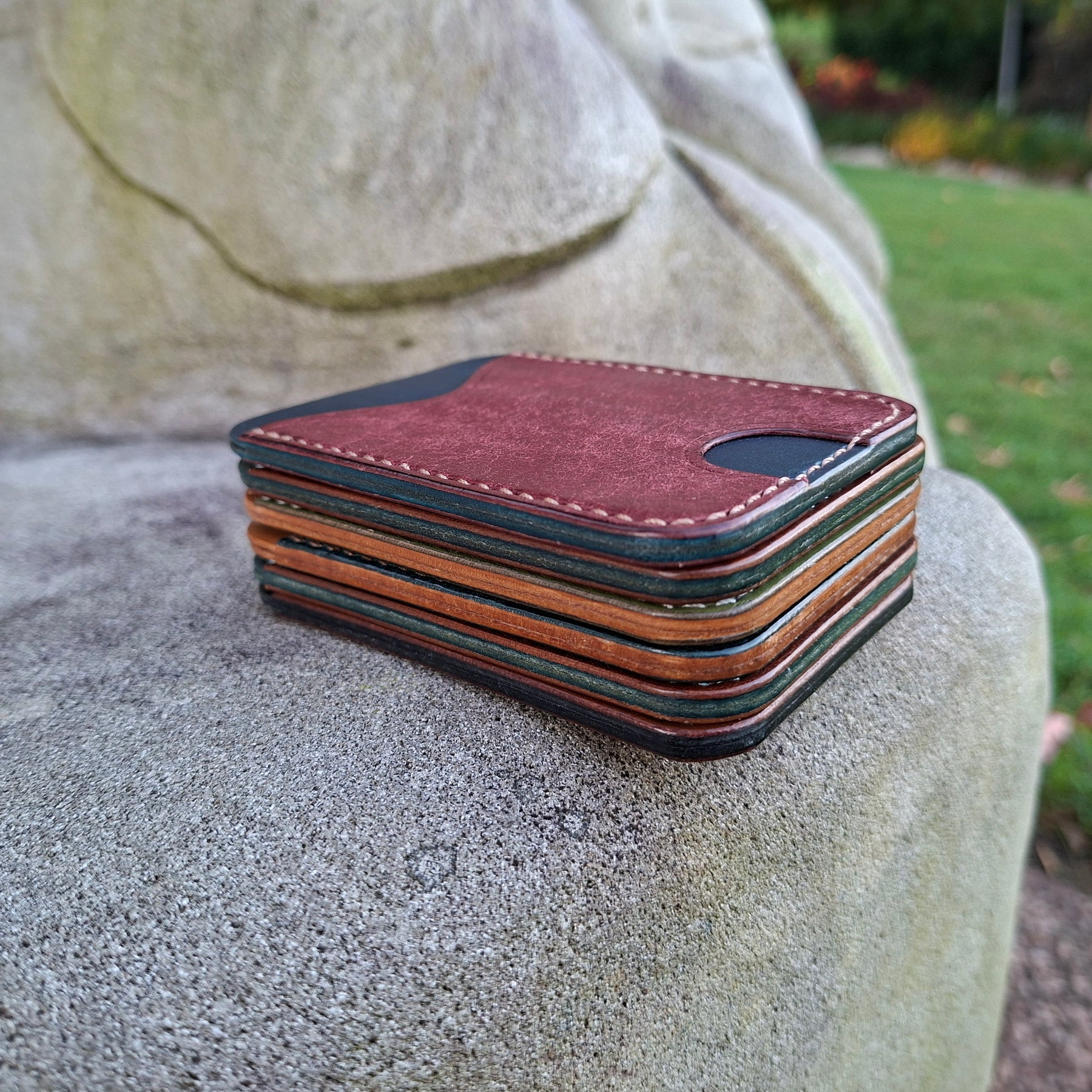 Three-Pocket Cardholder - Navy Blue/Bordeaux with Light Brown Thread