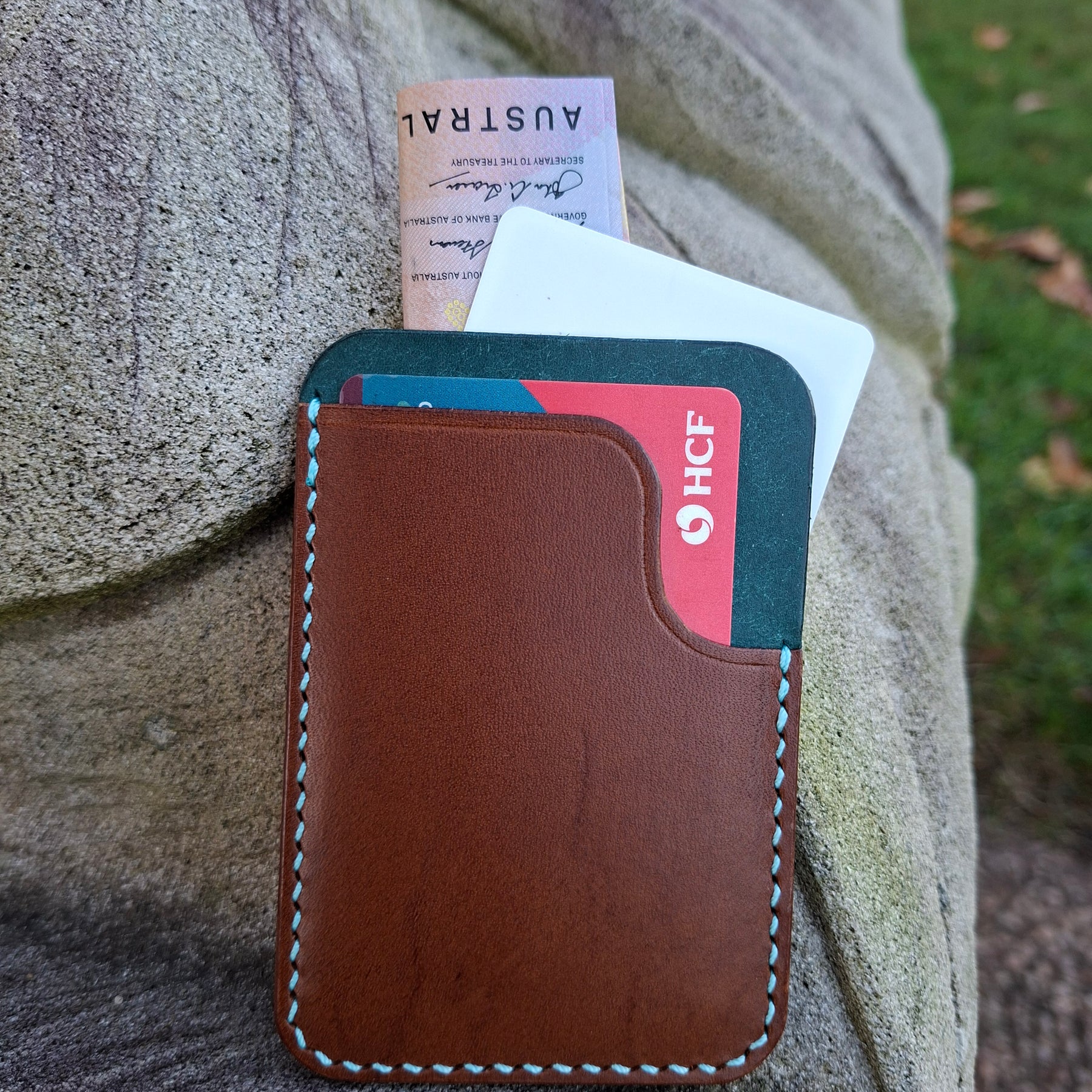 Three-Pocket Cardholder - Brown/Turquoise with Aqua Blue Thread