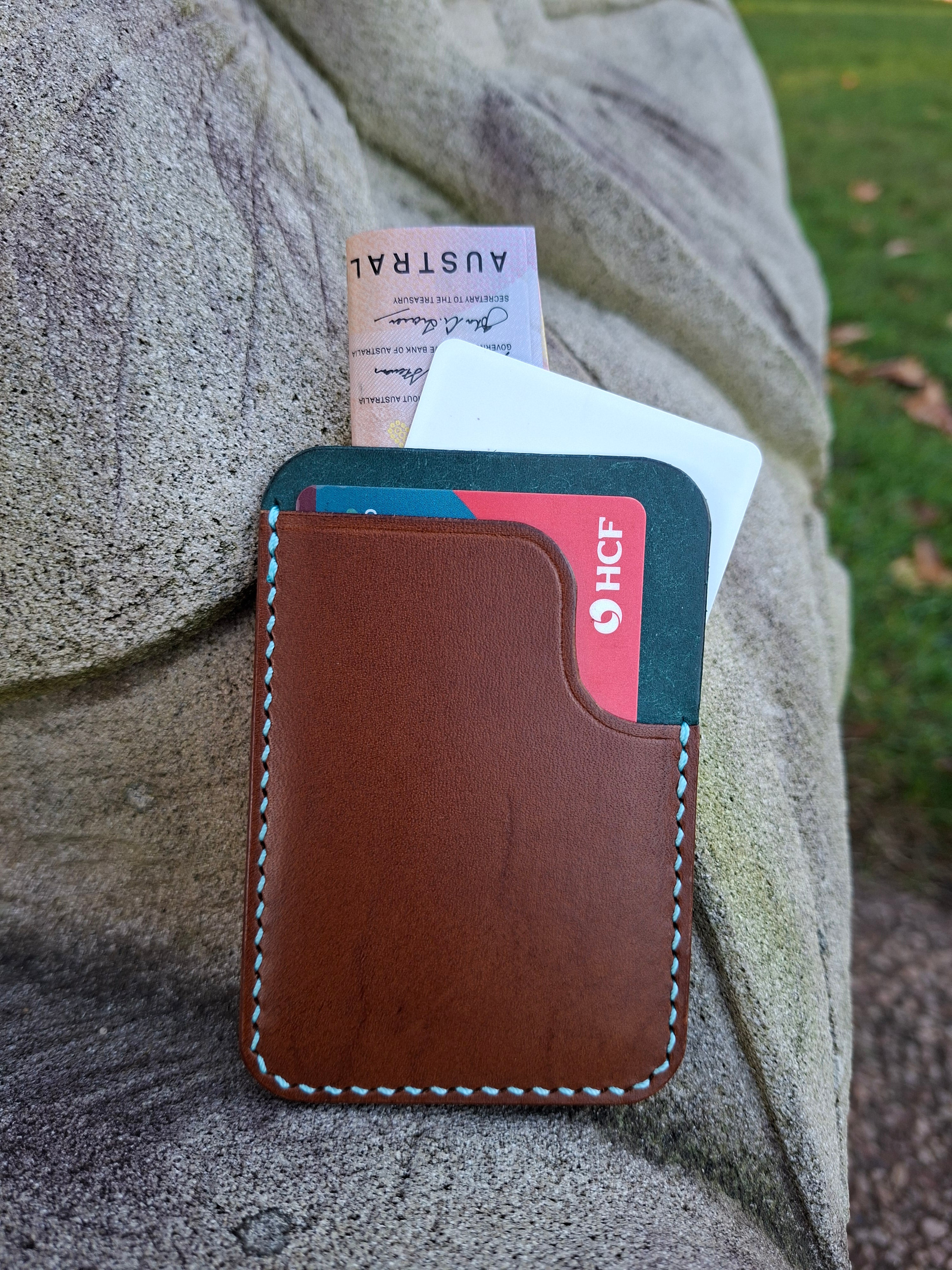 Three-Pocket Cardholder - Brown/Turquoise with Aqua Blue Thread