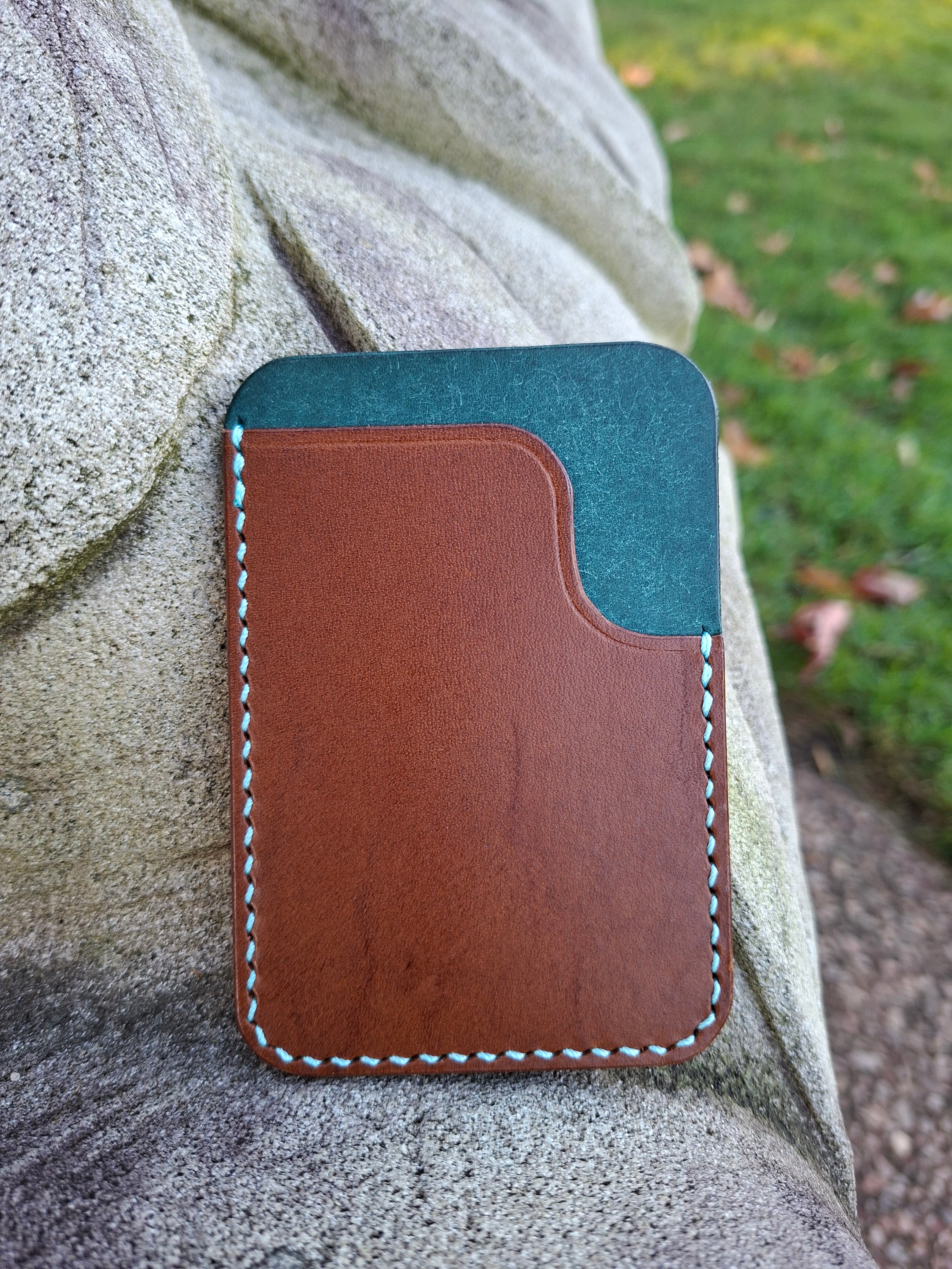 Three-Pocket Cardholder - Brown/Turquoise with Aqua Blue Thread