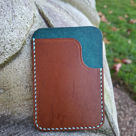 Three-Pocket Cardholder - Brown/Turquoise with Aqua Blue Thread