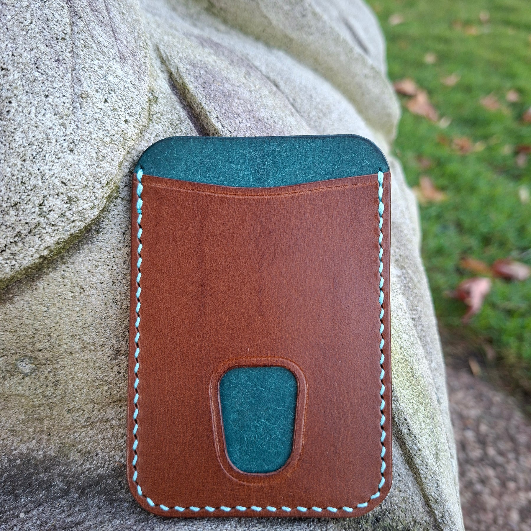 Three-Pocket Cardholder - Brown/Turquoise with Thumb Slot