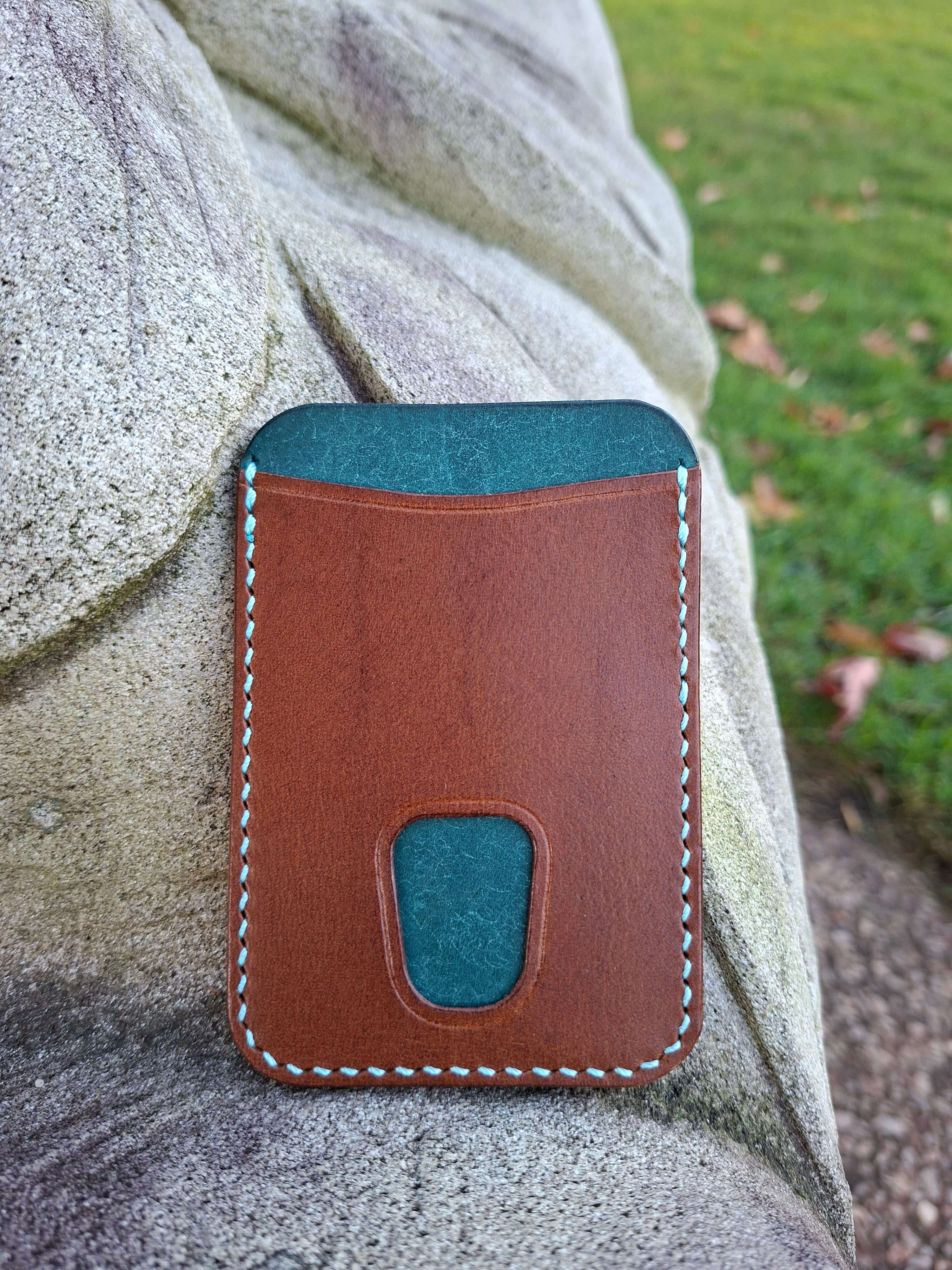 Three-Pocket Cardholder - Brown/Turquoise with Thumb Slot