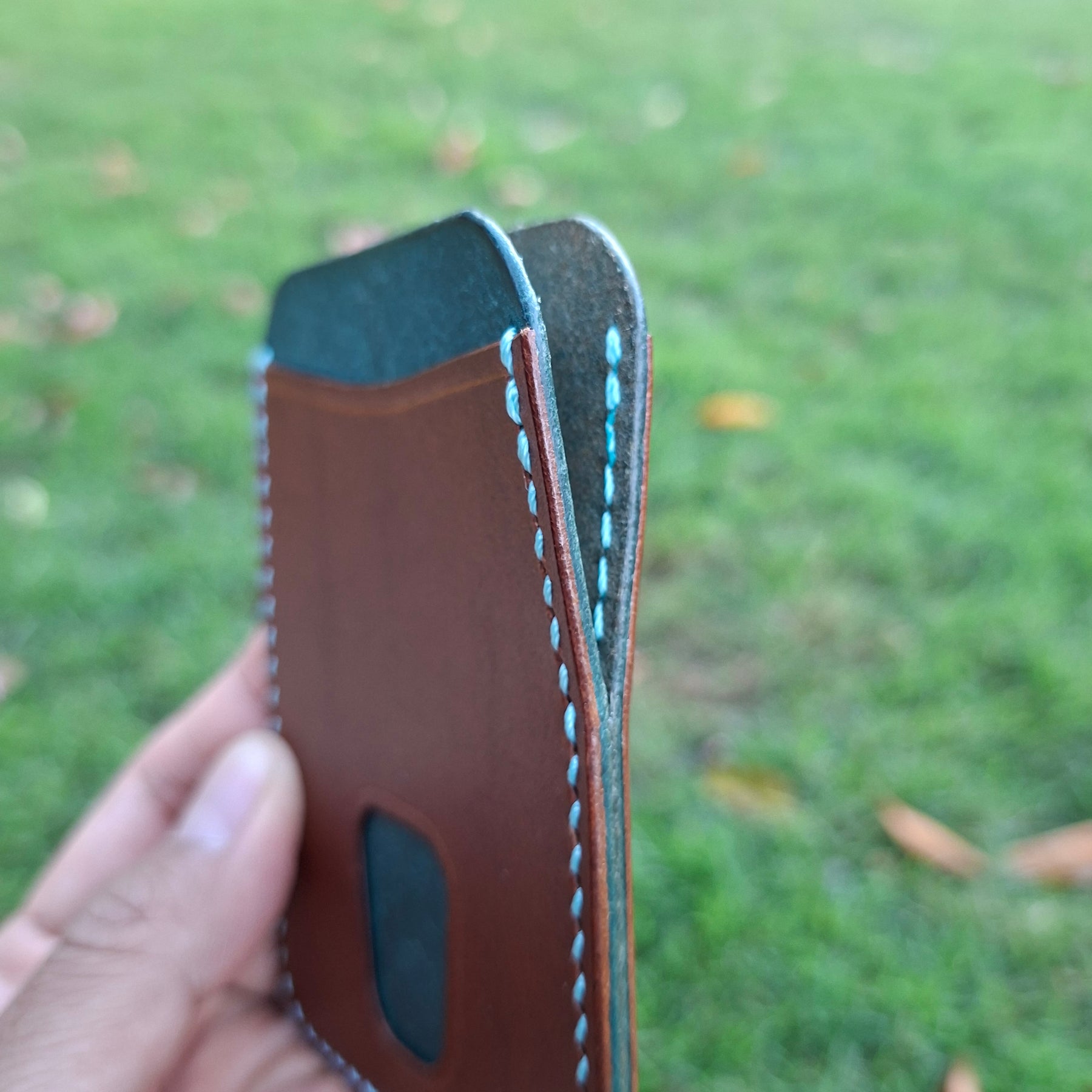 Three-Pocket Cardholder - Brown/Turquoise with Thumb Slot
