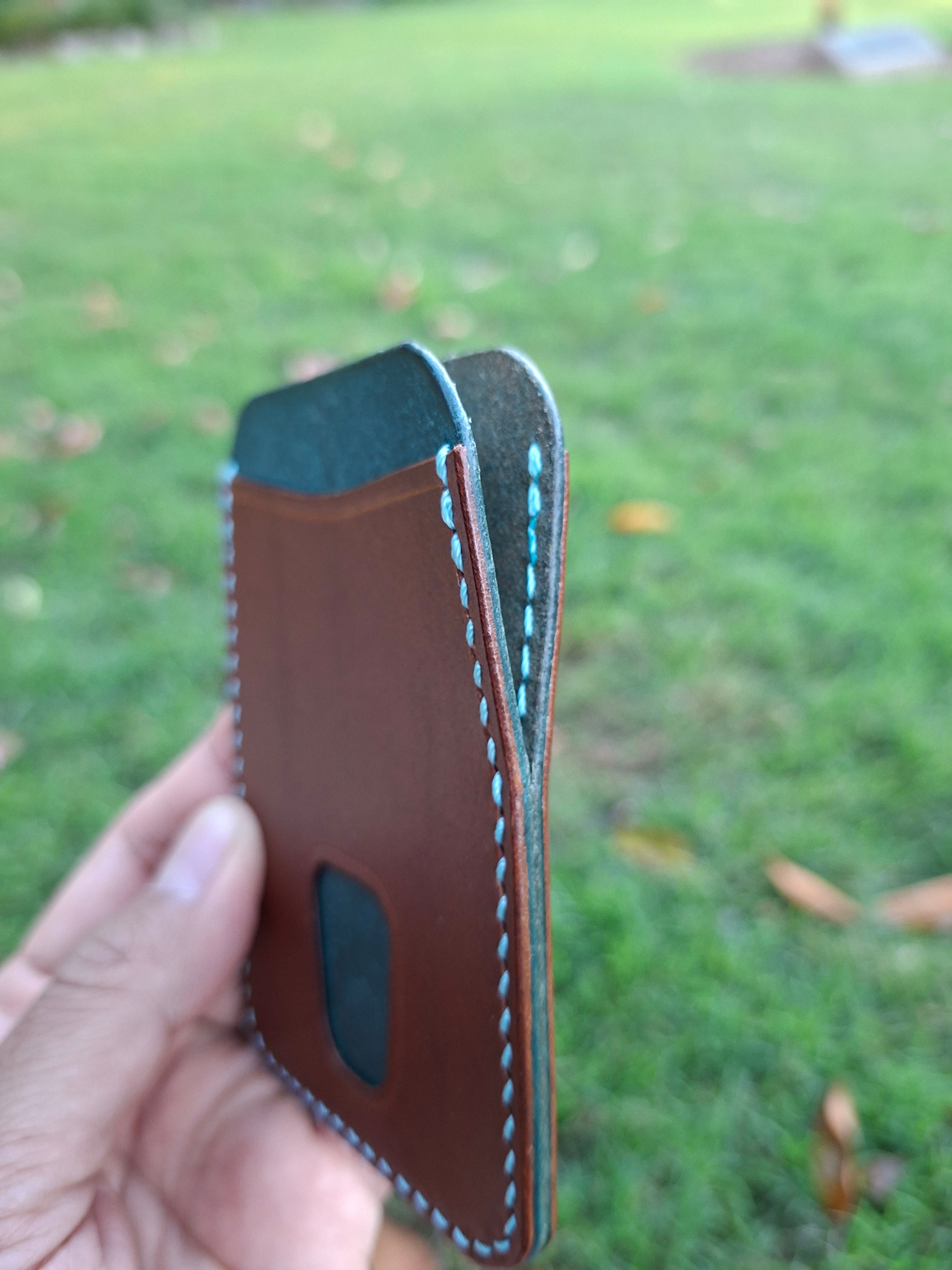 Three-Pocket Cardholder - Brown/Turquoise with Thumb Slot