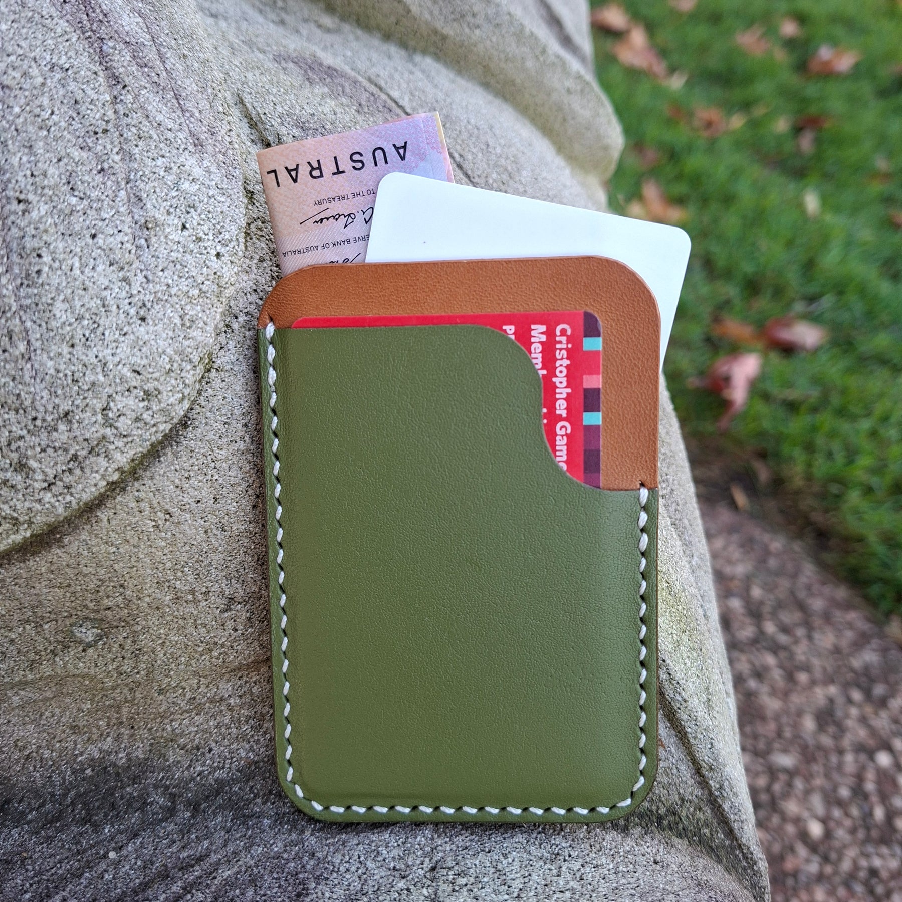 Three-Pocket Cardholder - Biscuit/Olive Green with White Thread