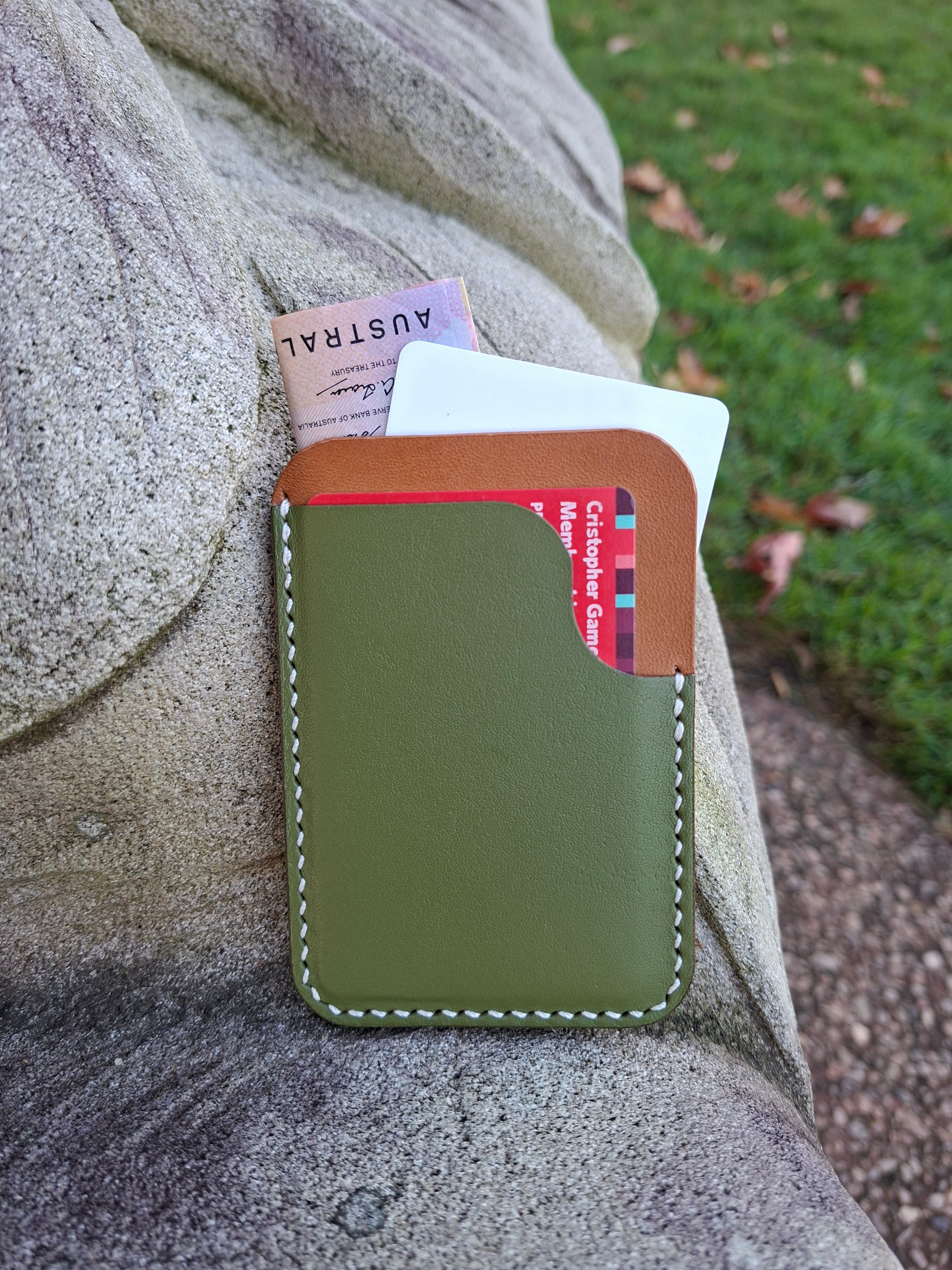 Three-Pocket Cardholder - Biscuit/Olive Green with White Thread
