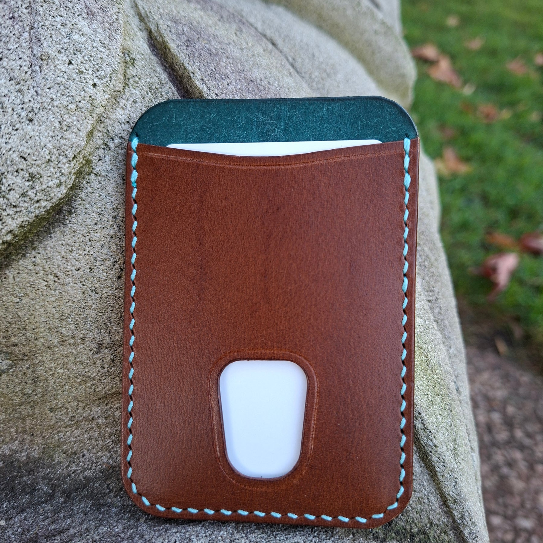 Three-Pocket Cardholder - Brown/Turquoise with Thumb Slot