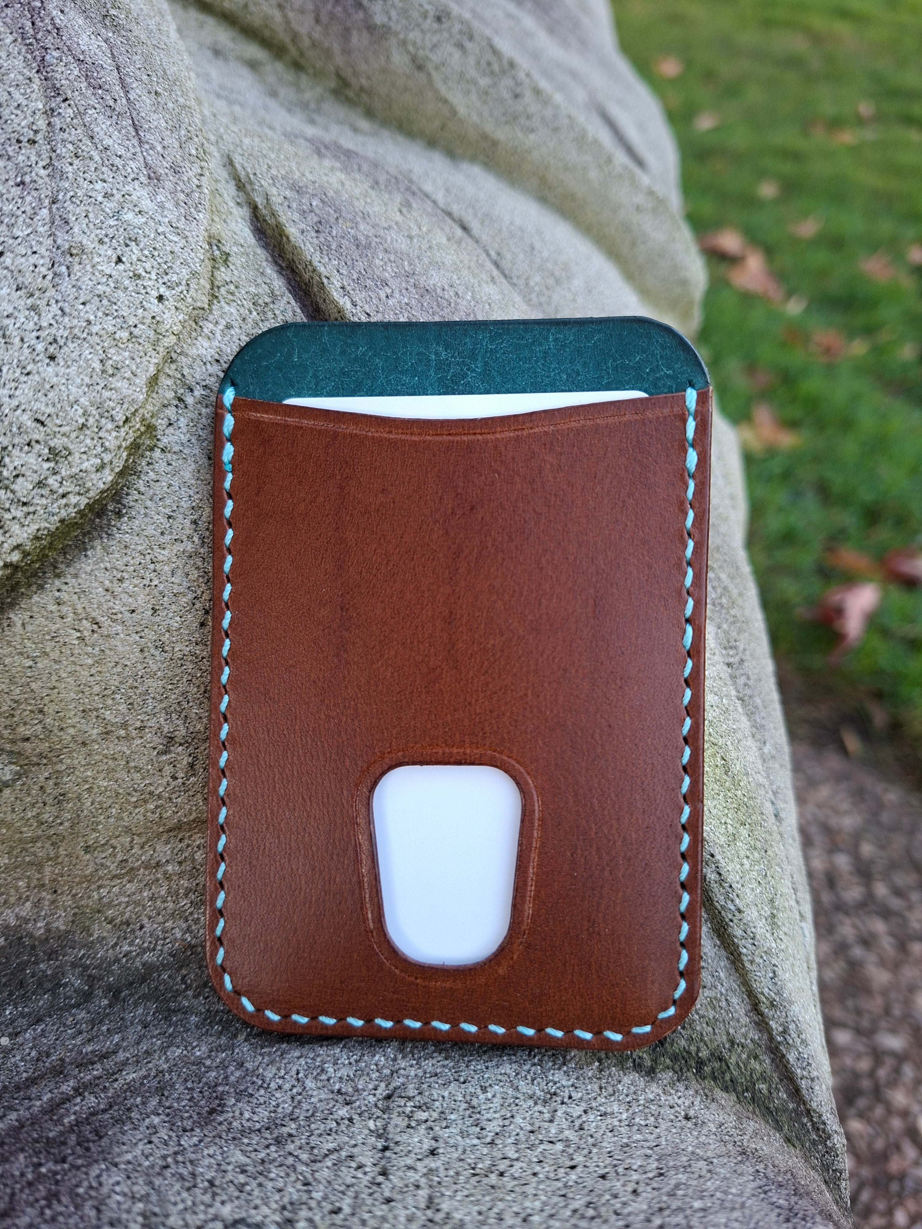 Three-Pocket Cardholder - Brown/Turquoise with Thumb Slot